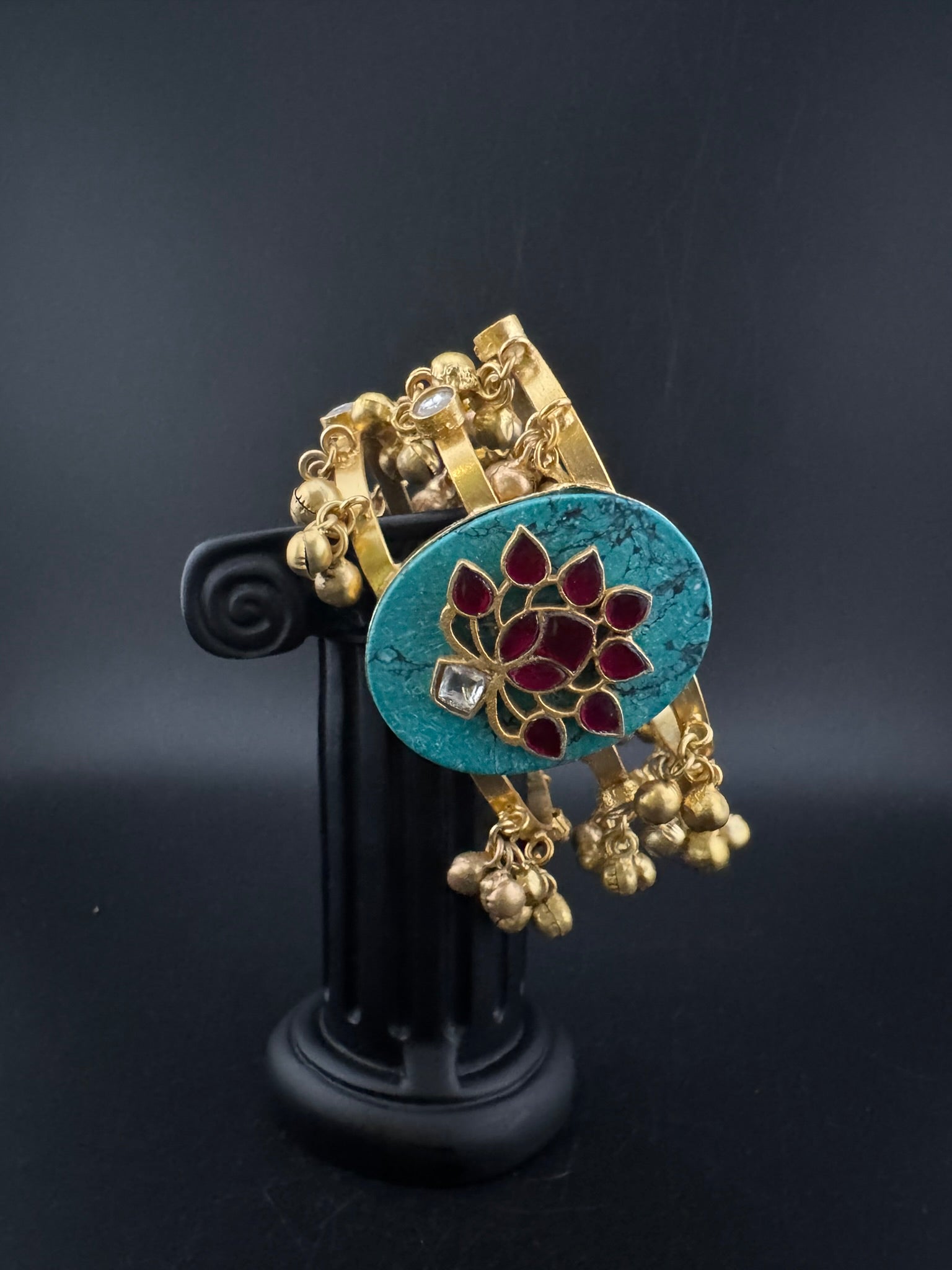 Premium Quality Matt Gold cuff in Turquoise stone, pachi kundan, Ghungroo Open Cuff Bracelet Bangle/Indian jewelry/Golden Bracelet Bangle