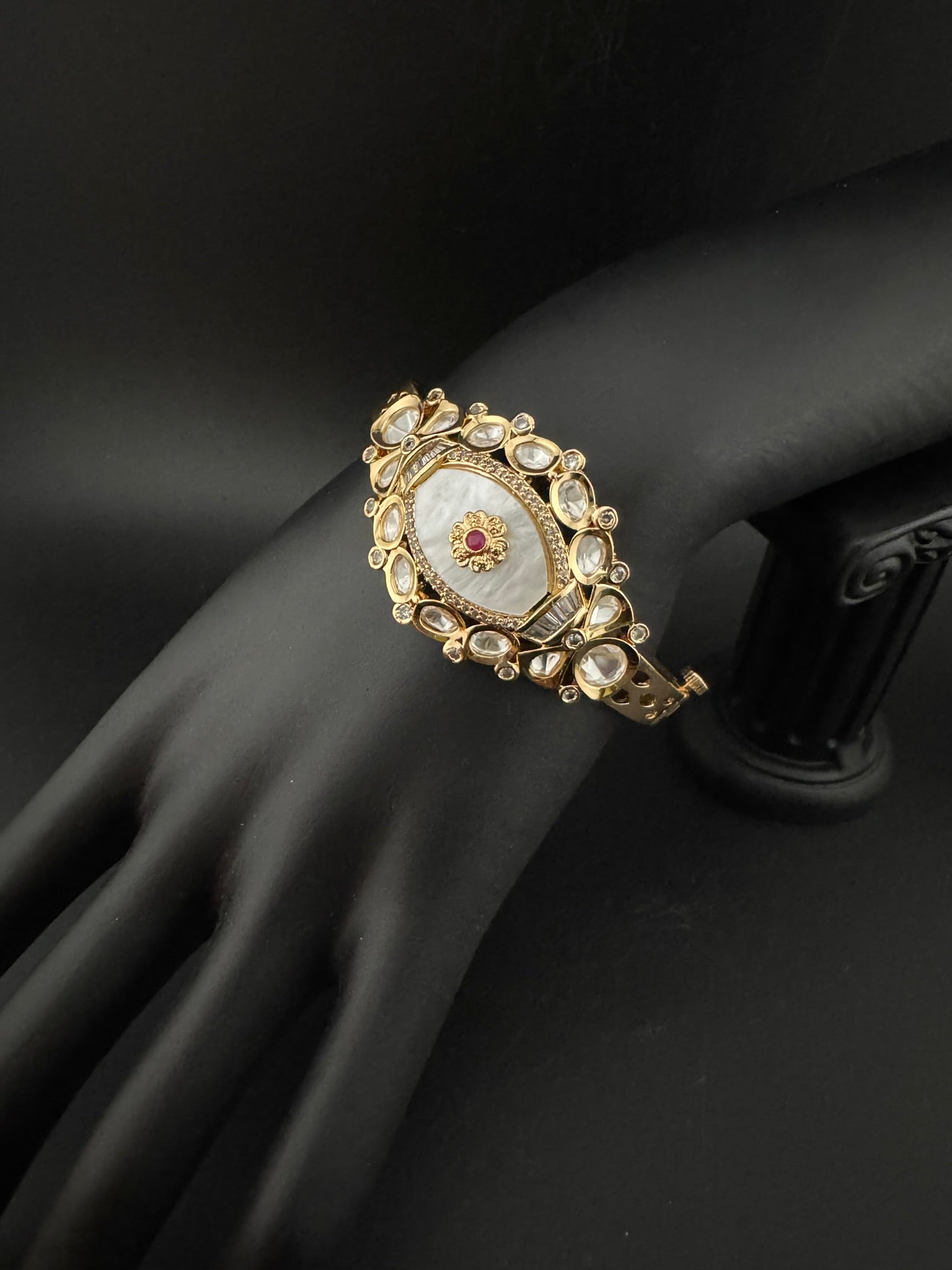 Premium Quality Moissanite Kundan, Mother Of Pearls is Designer inspired Bracelet/Adjustable broad Bracelet/Indian jewelry/Golden Bracelet