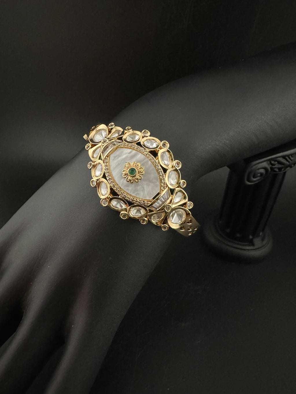 Premium Quality Moissanite Kundan, Mother Of Pearls is Designer inspired Bracelet/Adjustable broad Bracelet/Indian jewelry/Golden Bracelet