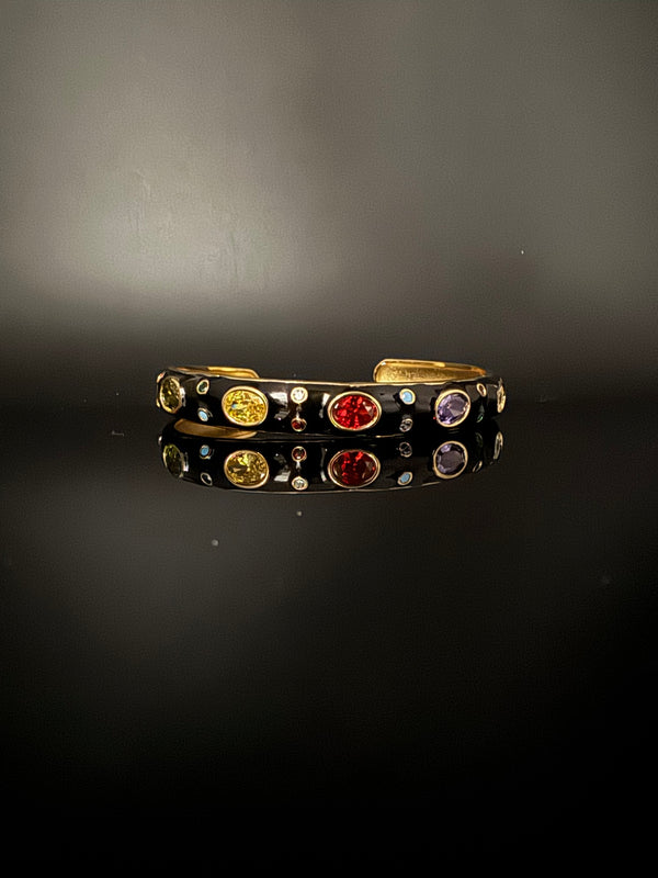 Sleek Open Cuff Bracelet in Black Enamel, Stones, gold polish is sleek Bracelet bangle/Indian Bracelet/Everyday Bracelet/Fits upto 2.6"
