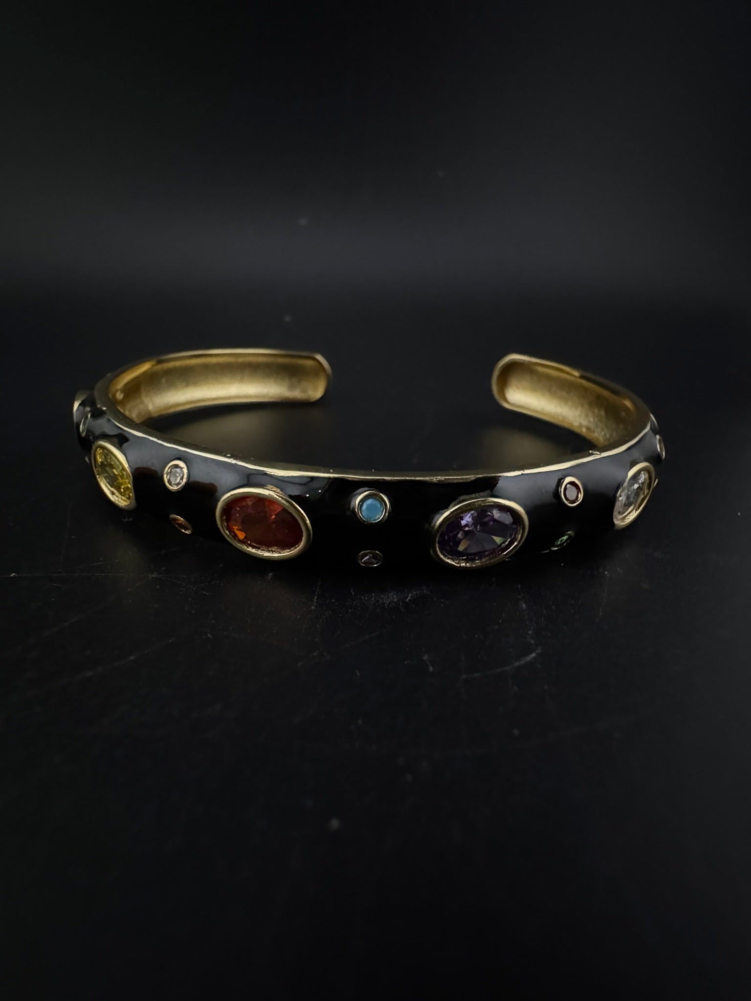 Sleek Open Cuff Bracelet in Black Enamel, Stones, gold polish is sleek Bracelet bangle/Indian Bracelet/Everyday Bracelet/Fits upto 2.6"