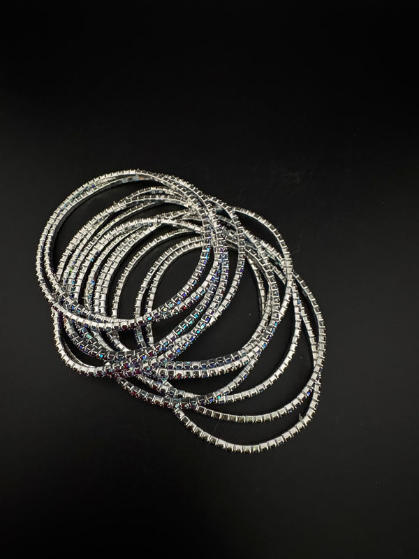 Silver and blue Cubic Zirconia Flexible soft bangle set of 12/Stretchable/Indian bangle set/Wedding jewelry/Everyday wear/Party wear Bangle