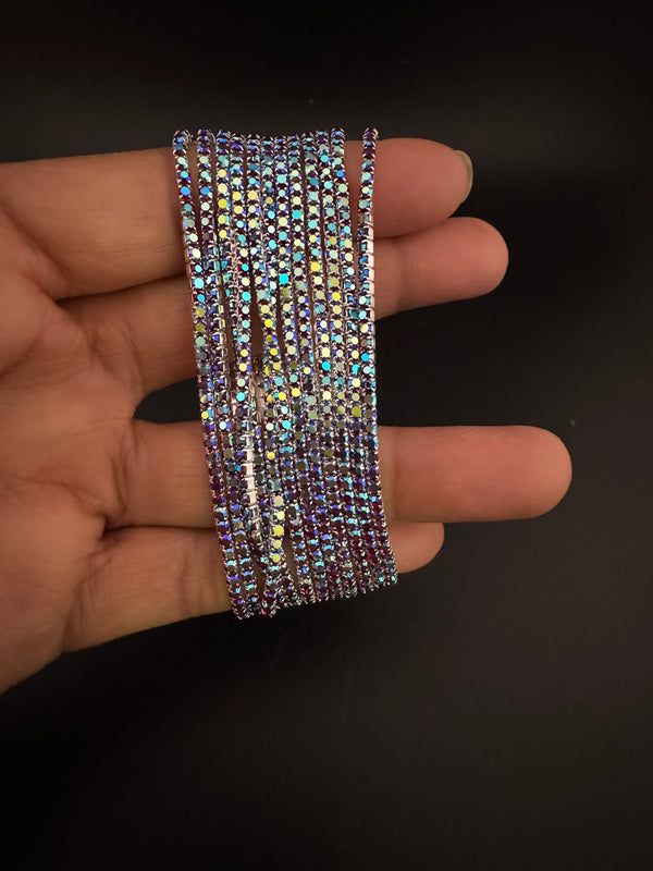 Silver and blue Cubic Zirconia Flexible soft bangle set of 12/Stretchable/Indian bangle set/Wedding jewelry/Everyday wear/Party wear Bangle