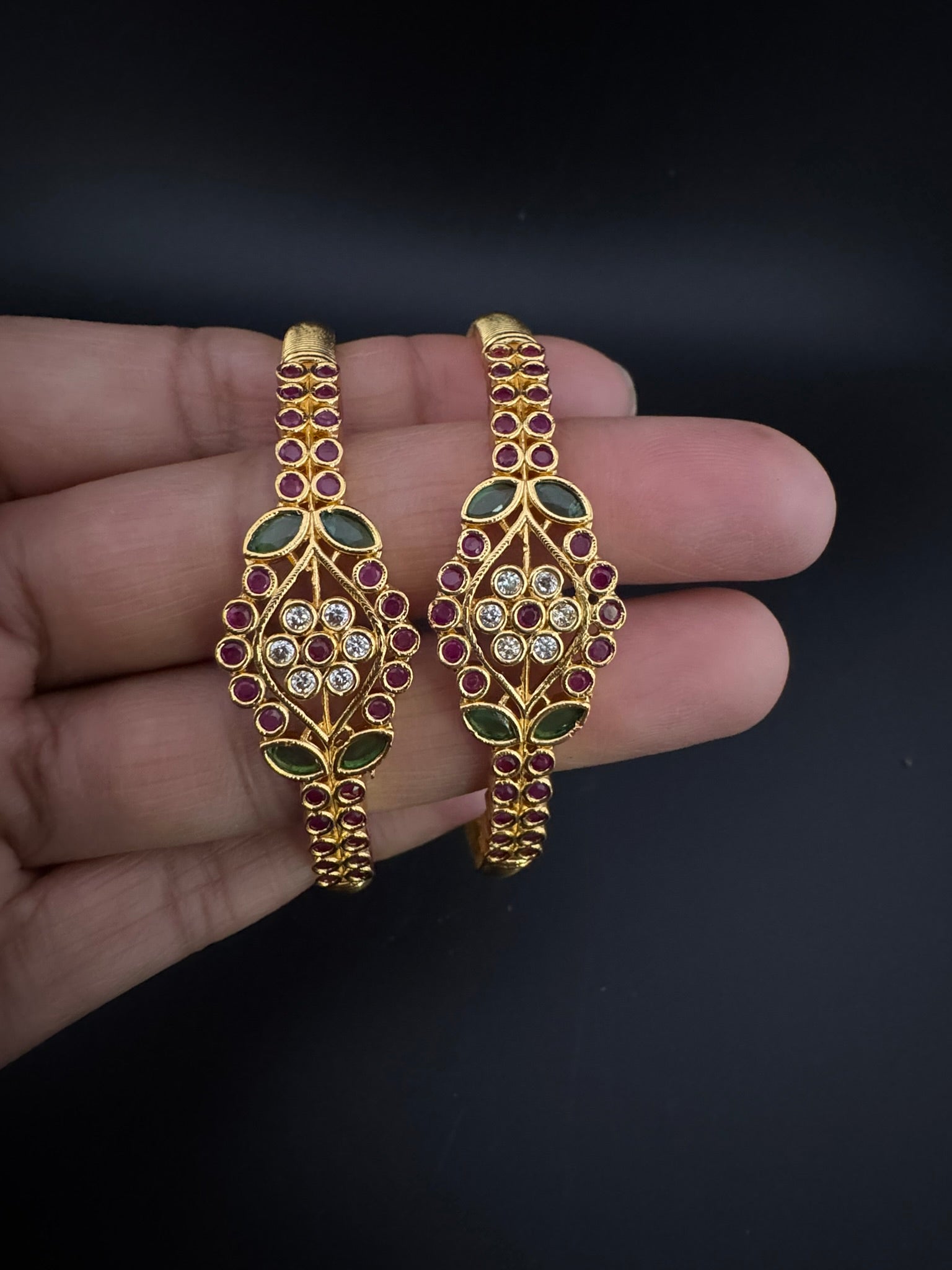 Matt Gold polish with stones kada set is Amrapali inspired Designer bangles set of 2/Indian Kada/Rajwadi Bangle/Size 2.4", 2.6" & 2.8"