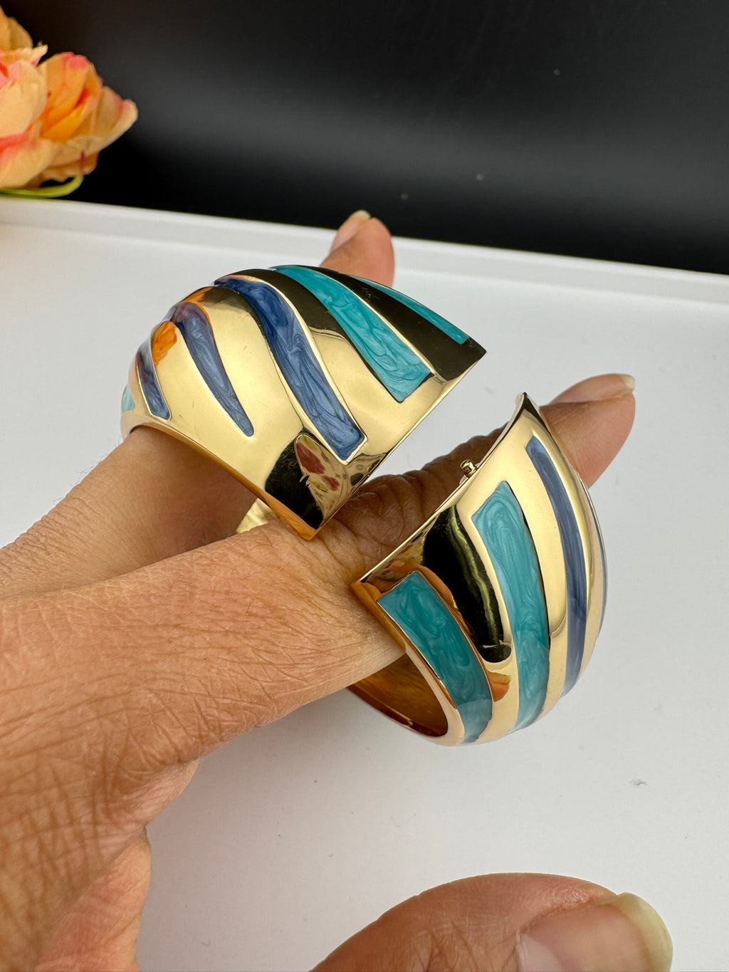 Openable Cuff Bracelet in Enamel and gold polish is Designer inspired Broad bangle/Indian Bracelet/Everyday Bracelet/Fits upto 2.6"