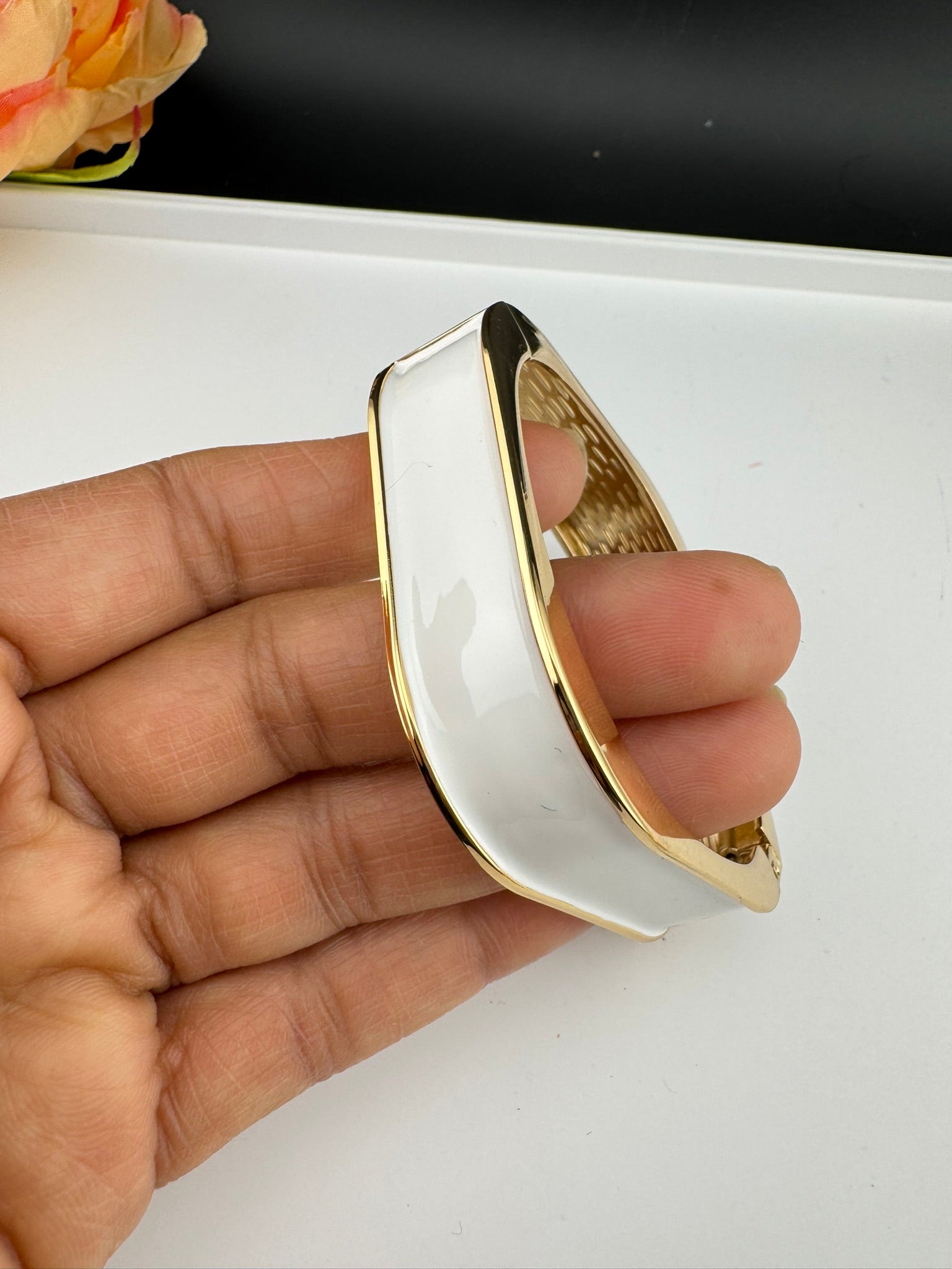 Openable Square Cuff Bracelet in Enamel and gold polish is Designer inspired Broad bangle/Indian Bracelet/Everyday Bracelet/Fits upto 2.6"