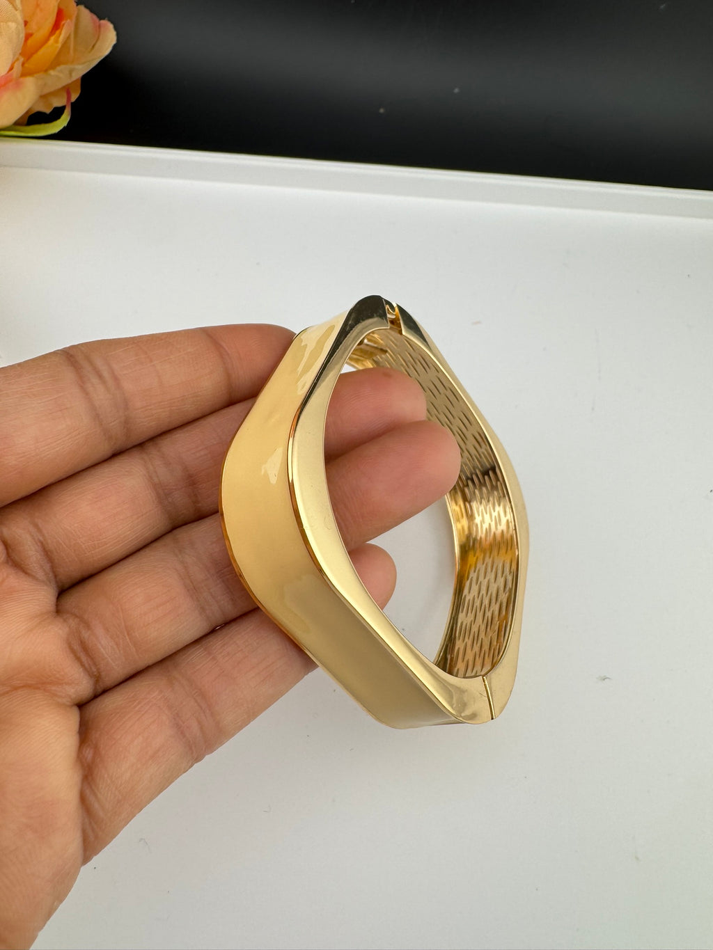 Openable Square Cuff Bracelet in Enamel and gold polish is Designer inspired Broad bangle/Indian Bracelet/Everyday Bracelet/Fits upto 2.6"
