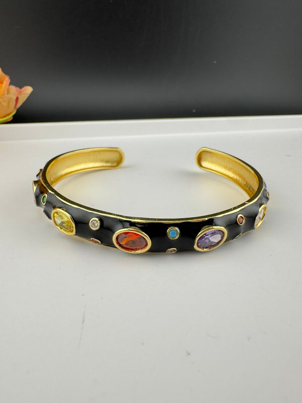 Sleek Open Cuff Bracelet in Black Enamel, Stones, gold polish is sleek Bracelet bangle/Indian Bracelet/Everyday Bracelet/Fits upto 2.6"