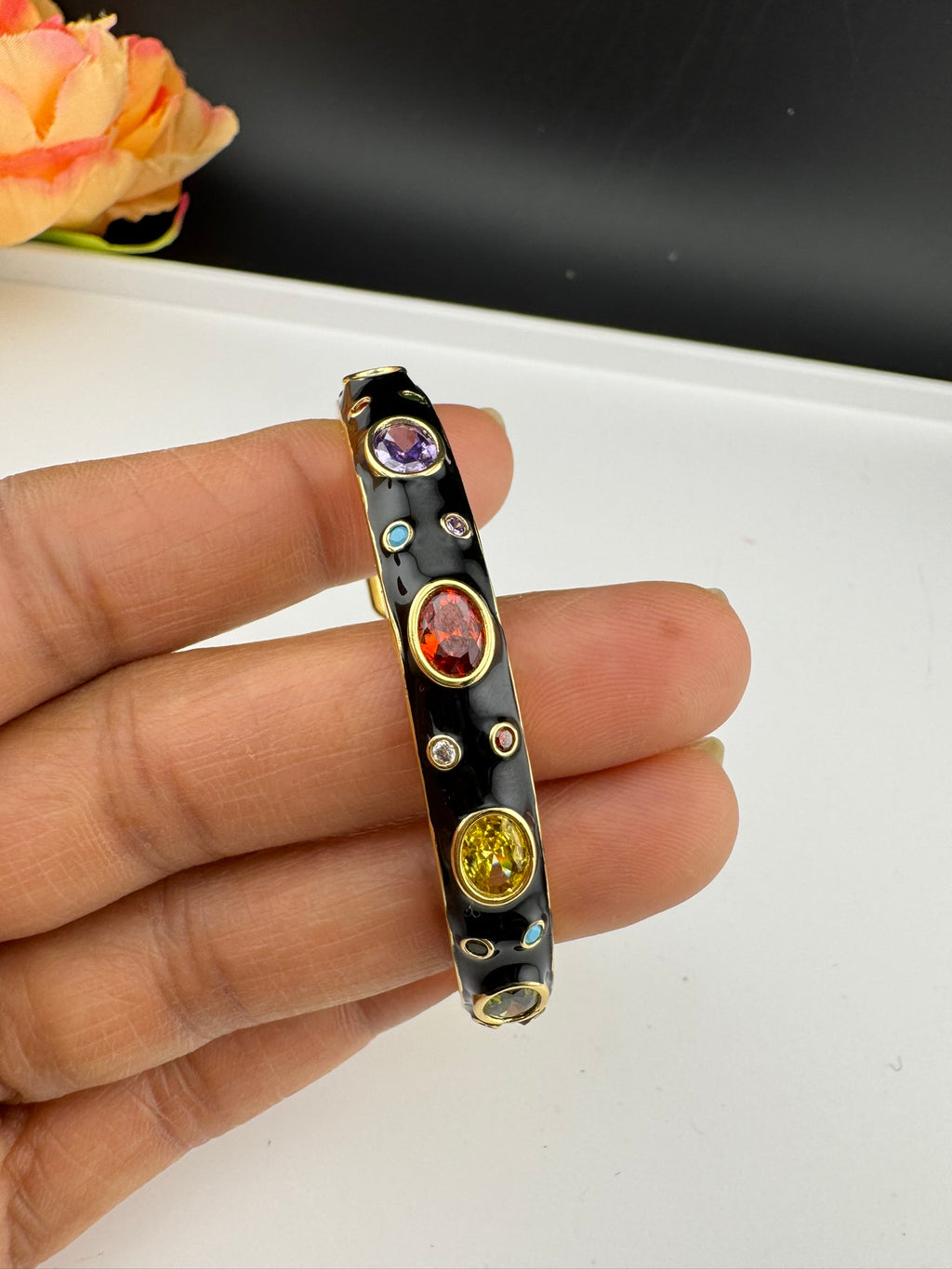 Sleek Open Cuff Bracelet in Black Enamel, Stones, gold polish is sleek Bracelet bangle/Indian Bracelet/Everyday Bracelet/Fits upto 2.6"