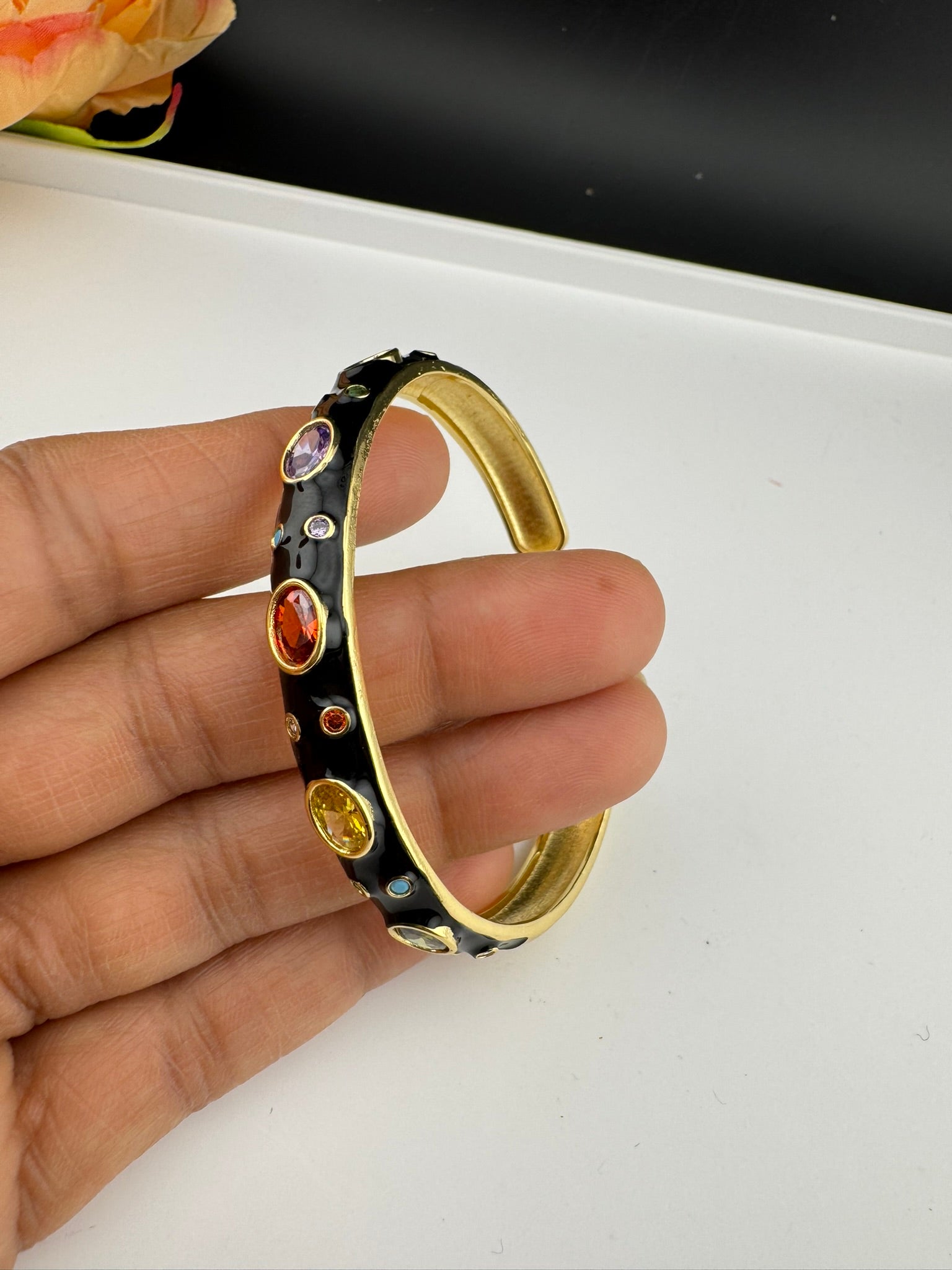 Sleek Open Cuff Bracelet in Black Enamel, Stones, gold polish is sleek Bracelet bangle/Indian Bracelet/Everyday Bracelet/Fits upto 2.6"