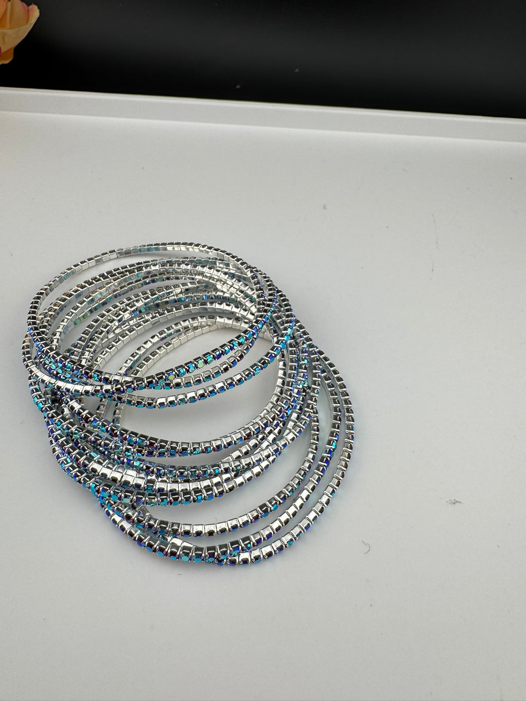 Silver and blue Cubic Zirconia Flexible soft bangle set of 12/Stretchable/Indian bangle set/Wedding jewelry/Everyday wear/Party wear Bangle