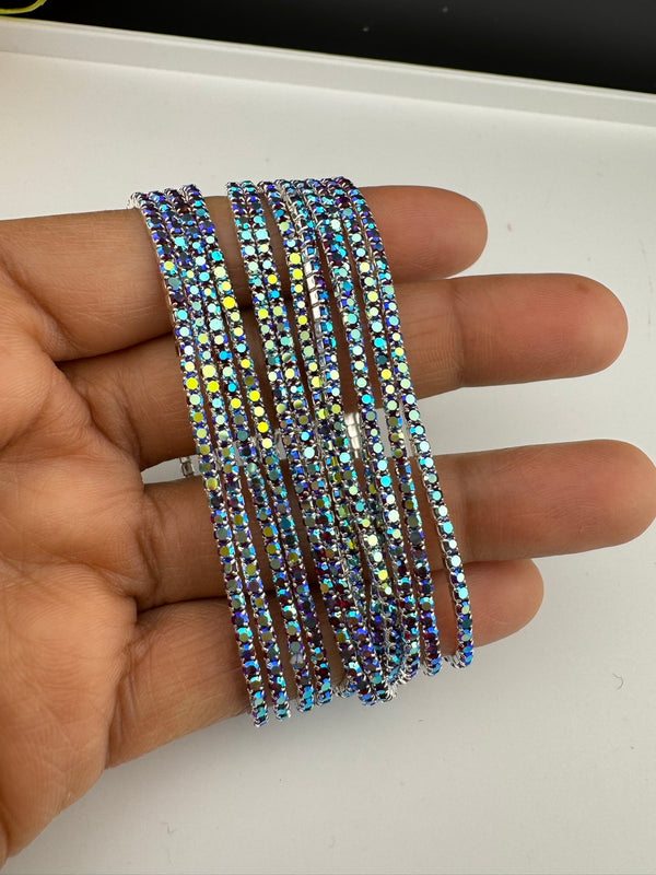 Silver and blue Cubic Zirconia Flexible soft bangle set of 12/Stretchable/Indian bangle set/Wedding jewelry/Everyday wear/Party wear Bangle