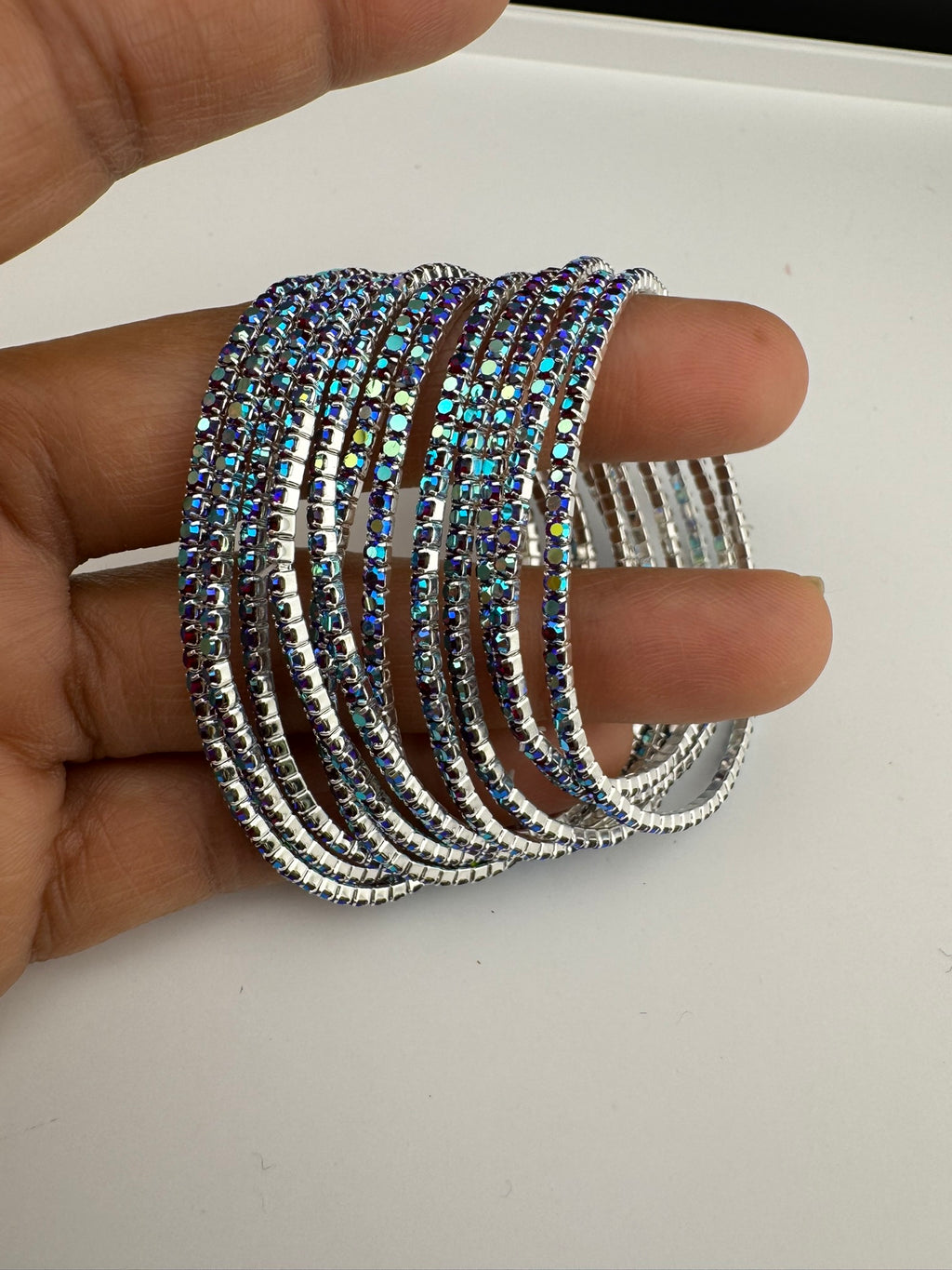 Silver and blue Cubic Zirconia Flexible soft bangle set of 12/Stretchable/Indian bangle set/Wedding jewelry/Everyday wear/Party wear Bangle