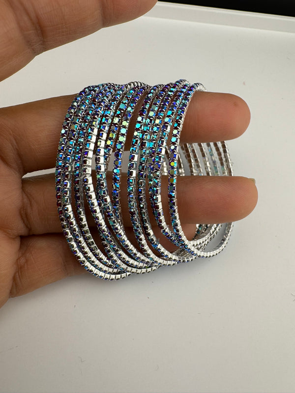 Silver and blue Cubic Zirconia Flexible soft bangle set of 12/Stretchable/Indian bangle set/Wedding jewelry/Everyday wear/Party wear Bangle