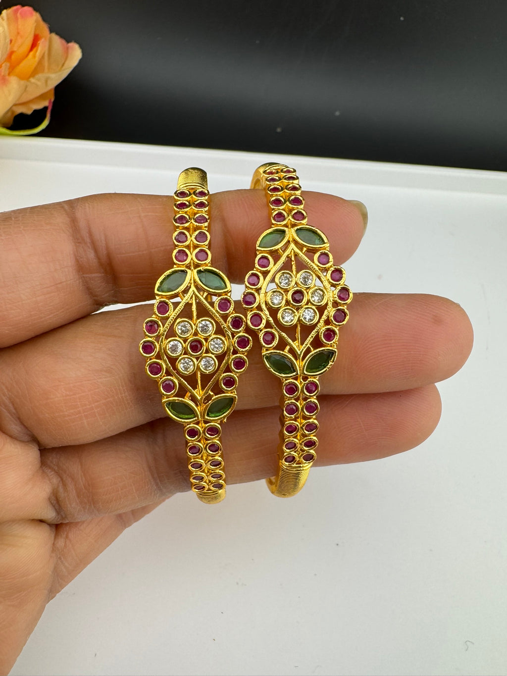 Matt Gold polish with stones kada set is Amrapali inspired Designer bangles set of 2/Indian Kada/Rajwadi Bangle/Size 2.4", 2.6" & 2.8"