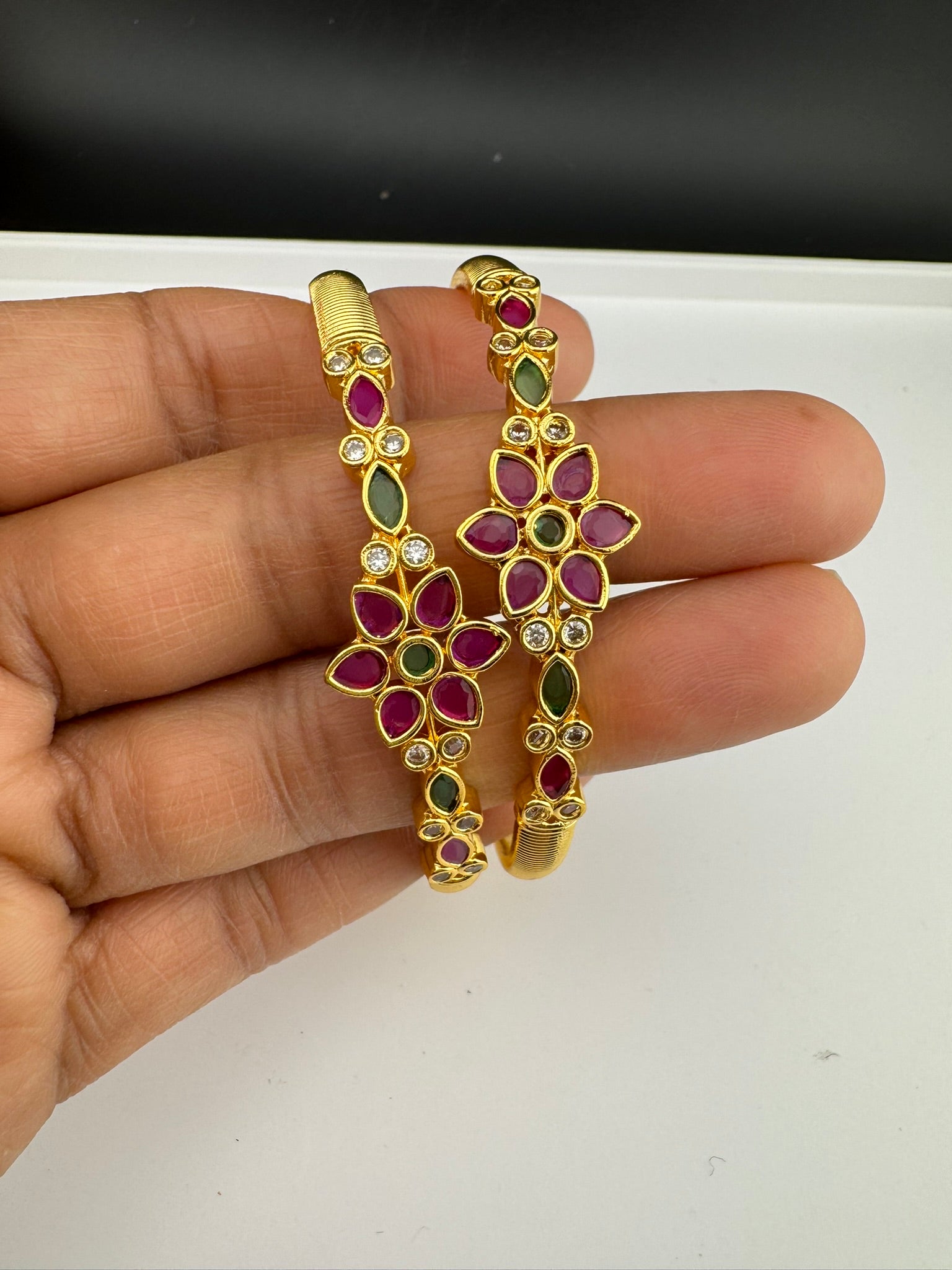 Matt Gold polish with stones kada set is Amrapali inspired Designer bangles set of 2/Indian Kada/Rajwadi Bangle/Size 2.4", 2.6" & 2.8"