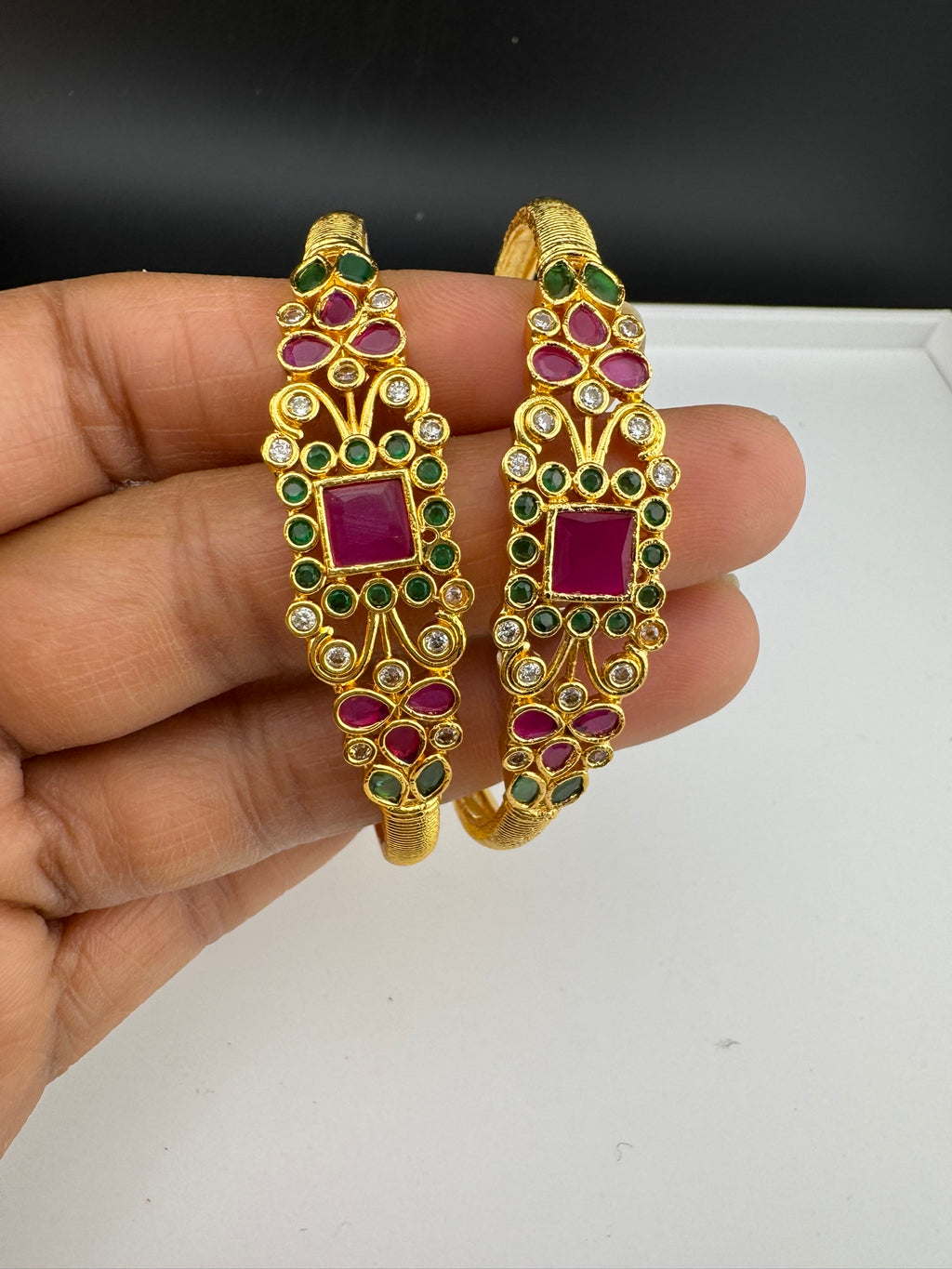 Matt Gold polish with stones kada set is Amrapali inspired Designer bangles set of 2/Indian Kada/Rajwadi Bangle/Size 2.4", 2.6" & 2.8"