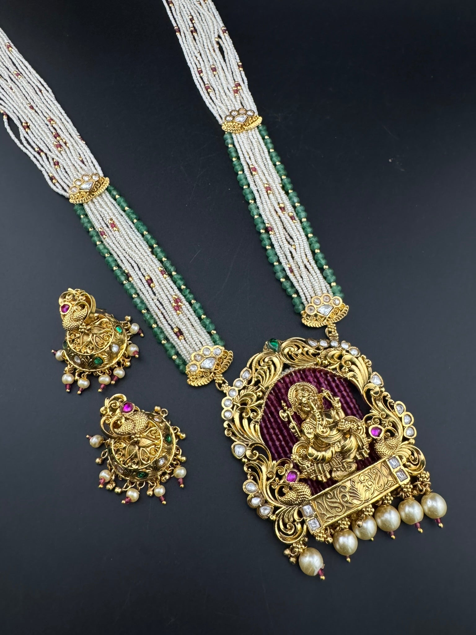 Premium Quality Ganesh Oversized Pendant in Matt gold, Moissanite Kundan, onyx beads, small pearls Long Rani Haar with Jhumka/Long Necklace