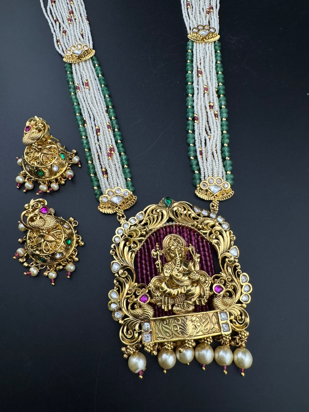 Premium Quality Ganesh Oversized Pendant in Matt gold, Moissanite Kundan, onyx beads, small pearls Long Rani Haar with Jhumka/Long Necklace