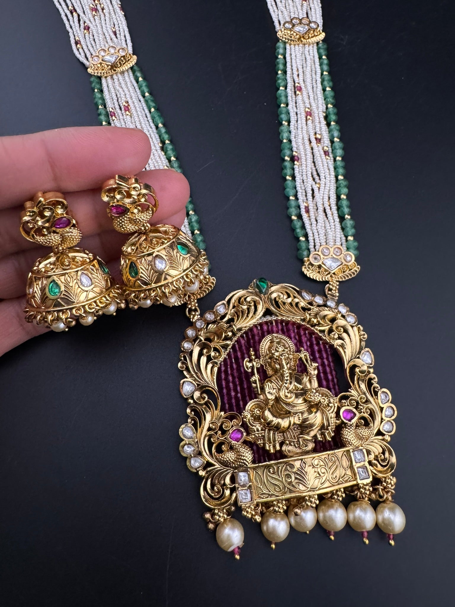 Premium Quality Ganesh Oversized Pendant in Matt gold, Moissanite Kundan, onyx beads, small pearls Long Rani Haar with Jhumka/Long Necklace