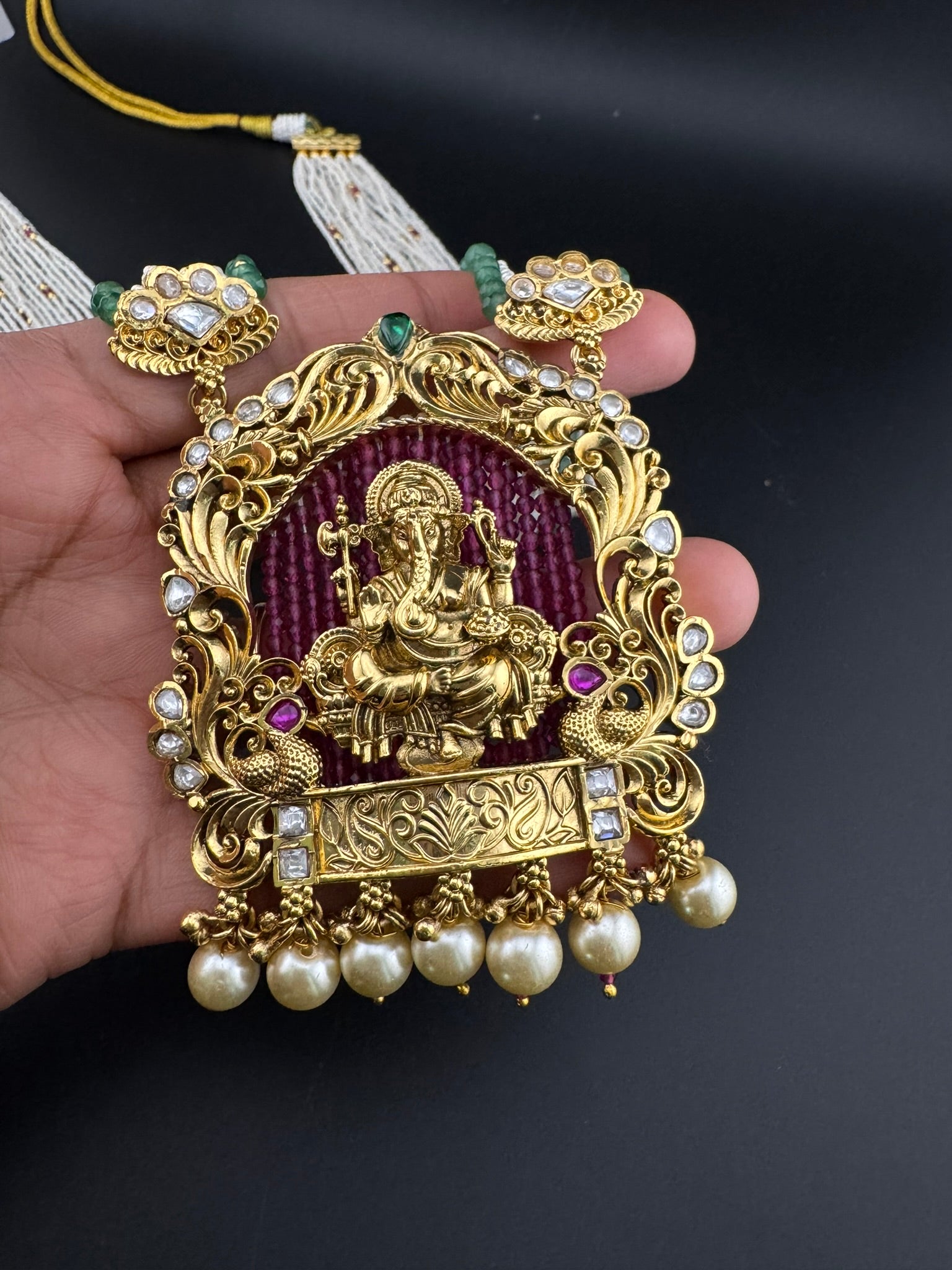 Premium Quality Ganesh Oversized Pendant in Matt gold, Moissanite Kundan, onyx beads, small pearls Long Rani Haar with Jhumka/Long Necklace
