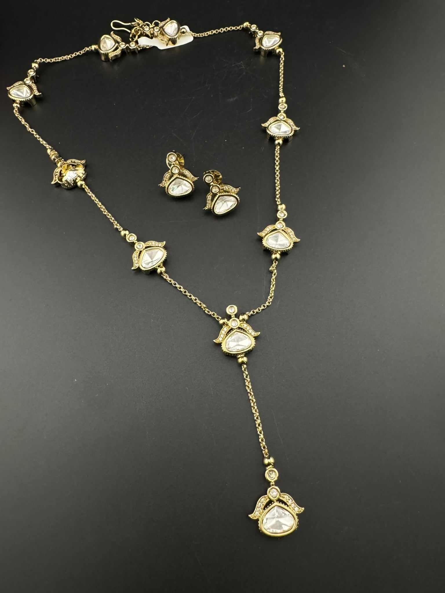 Premium quality Matt gold Uncut moissanite Kundan Sleek Long charms Necklace with studs earrings/Teens long sleek necklace/Bridesmaids gift