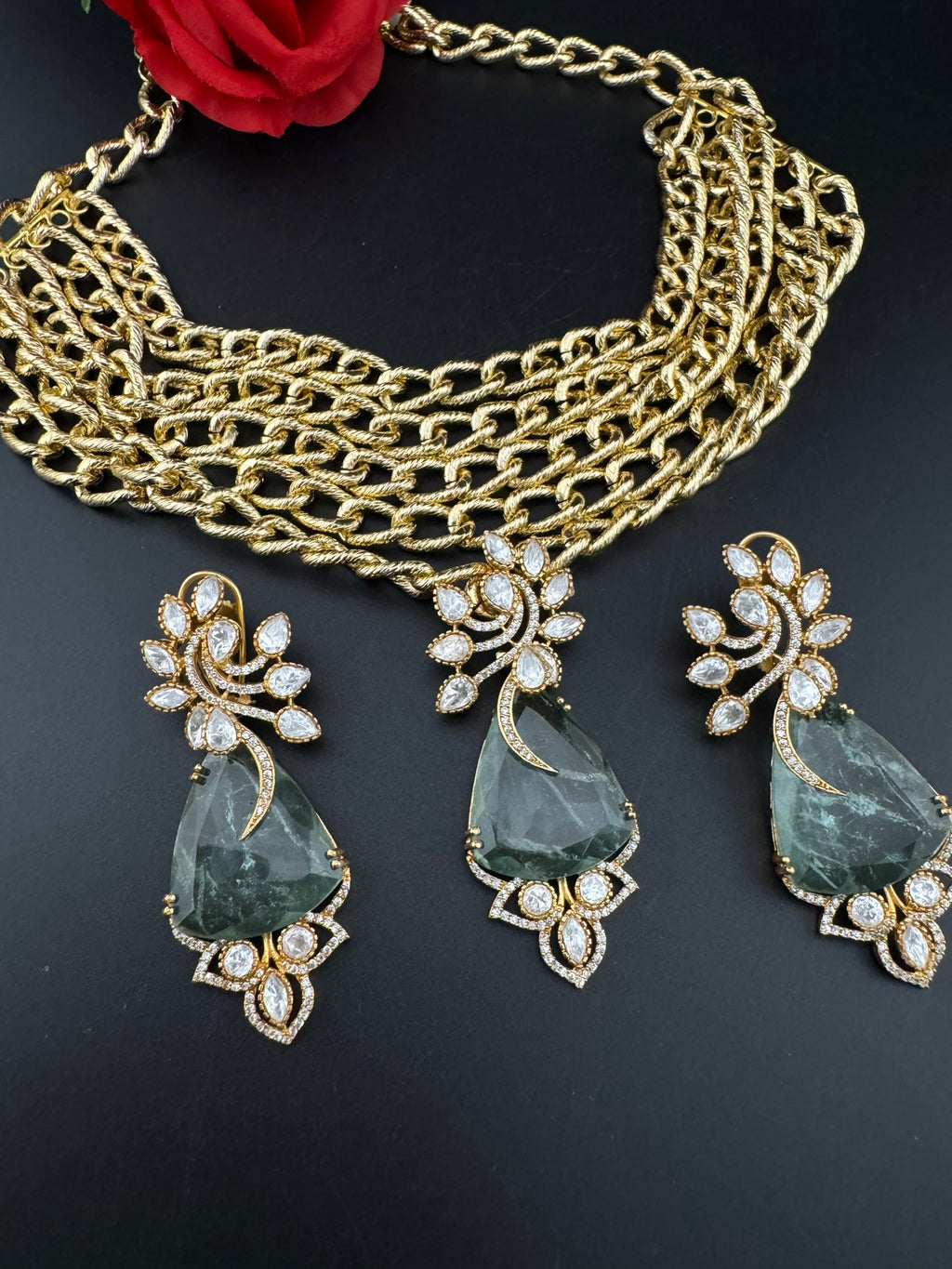 Premium Quality Chunky Gold chain and doublet stone choker Necklace set with earrings/Light green choker set/Stylish thick chunky choker set