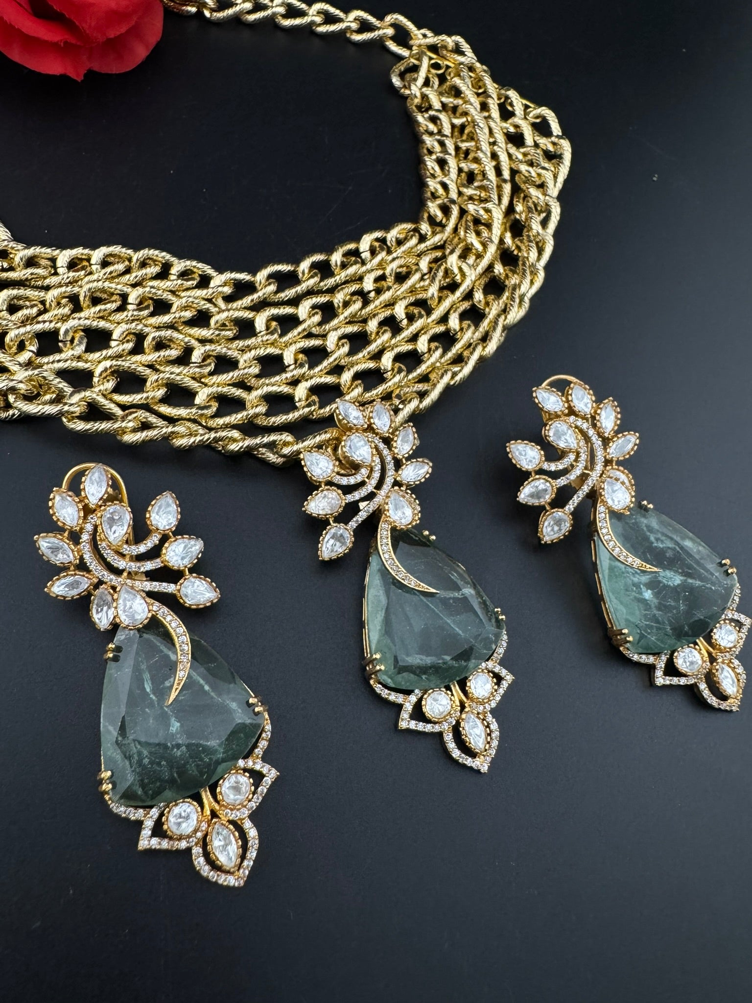 Premium Quality Chunky Gold chain and doublet stone choker Necklace set with earrings/Light green choker set/Stylish thick chunky choker set