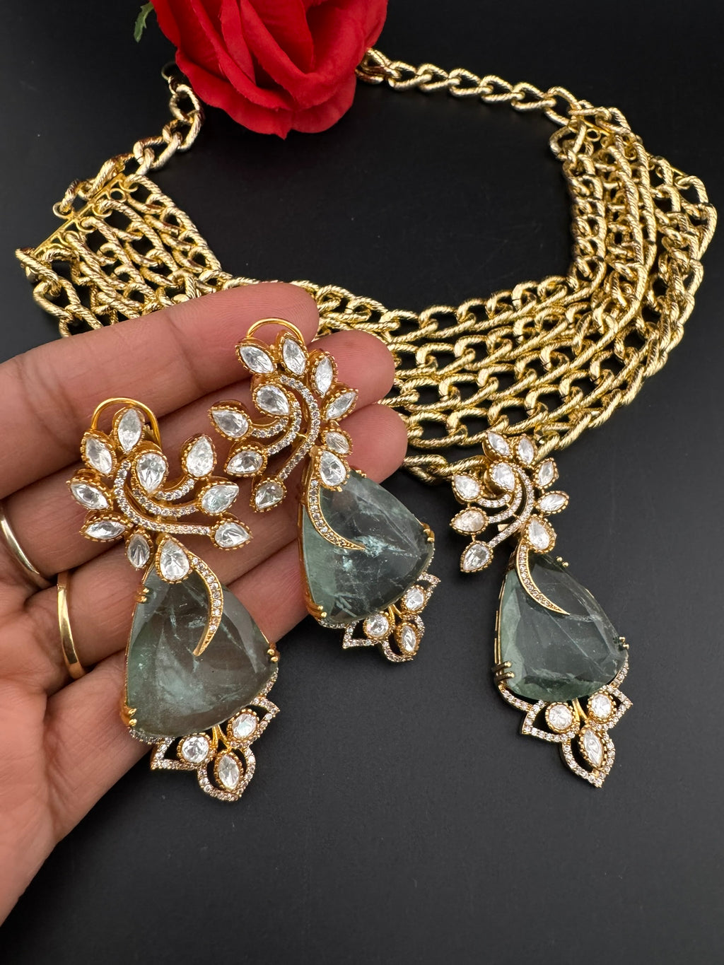 Premium Quality Chunky Gold chain and doublet stone choker Necklace set with earrings/Light green choker set/Stylish thick chunky choker set