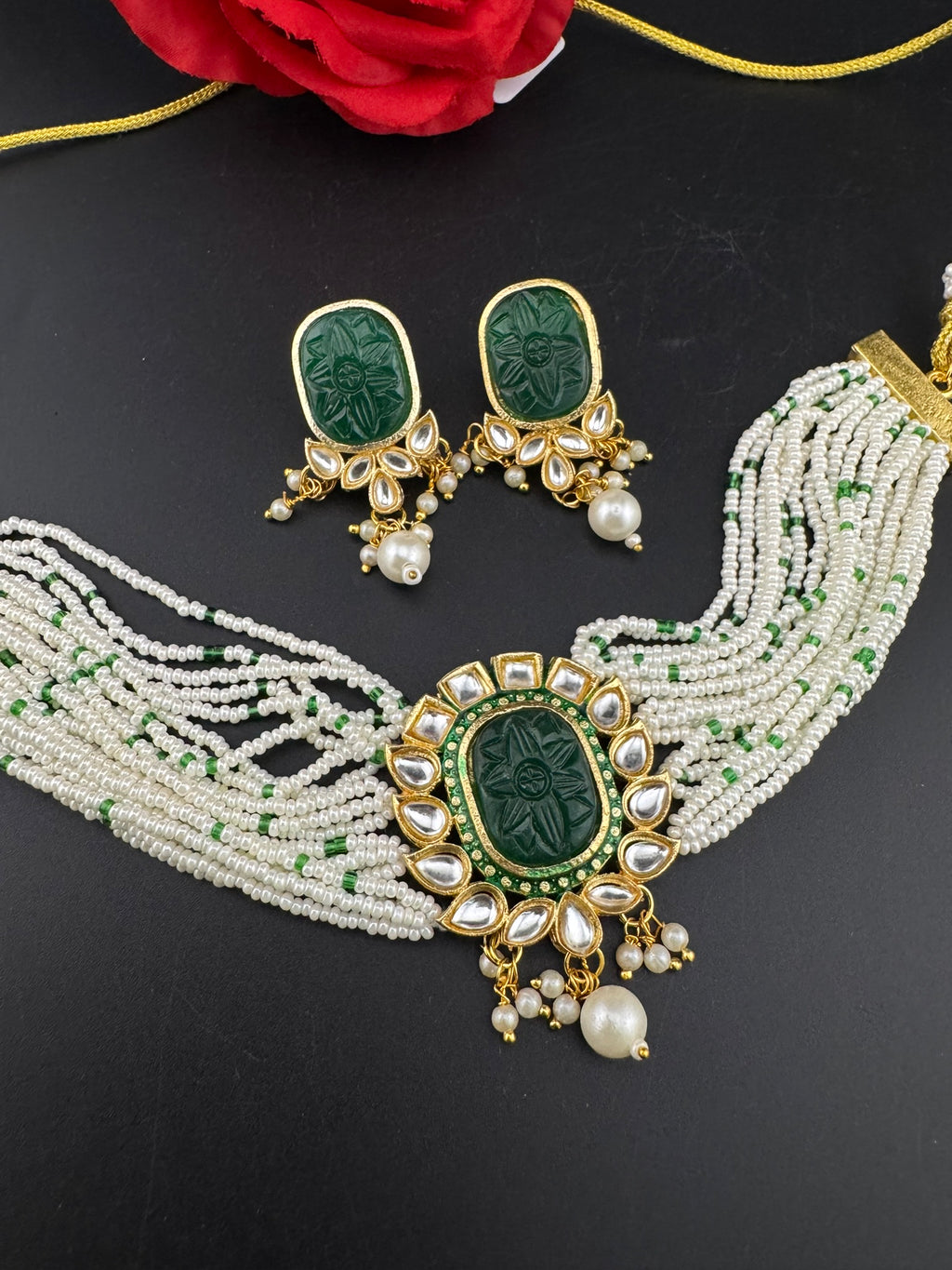 Carved stone and Kundan in small pearls mala Choker Necklace set with studs earrings