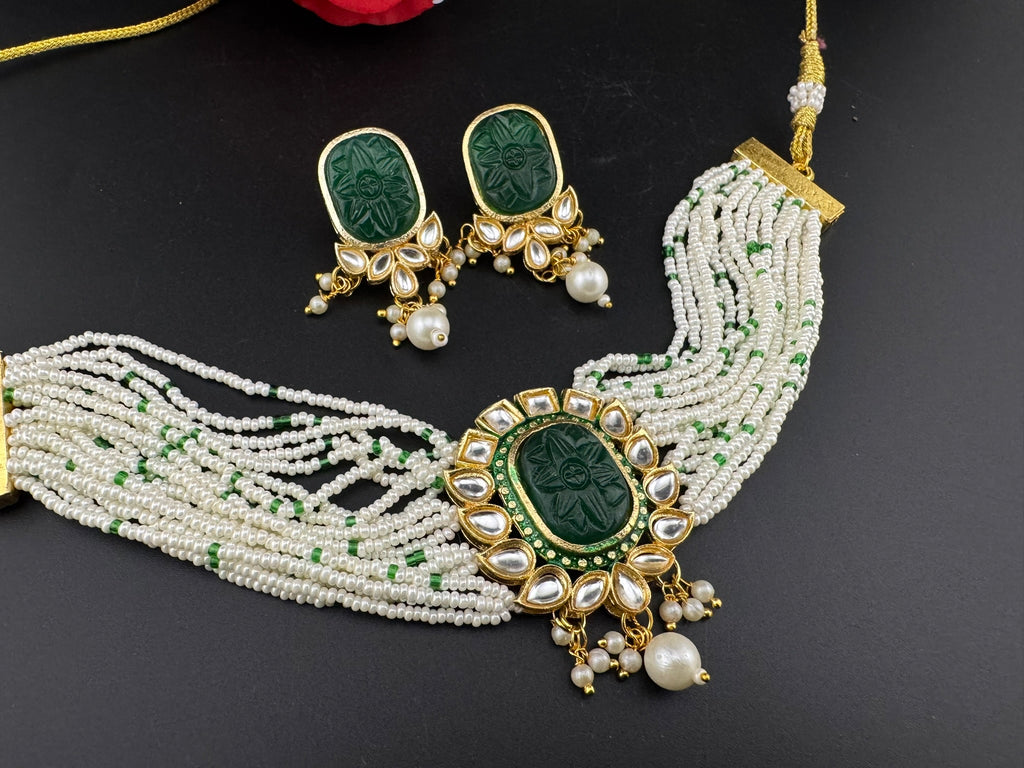Carved stone and Kundan in small pearls mala Choker Necklace set with studs earrings