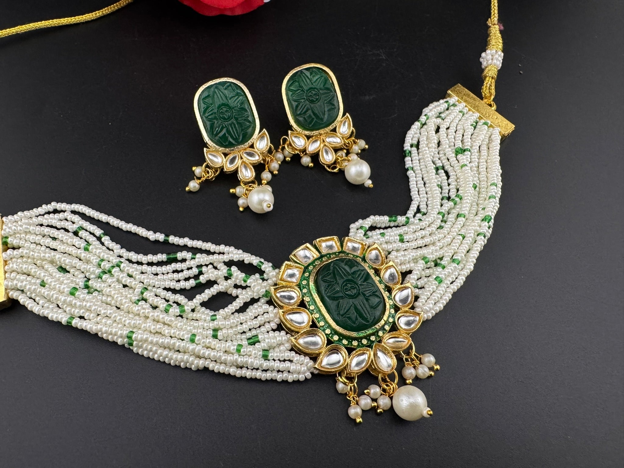 Carved stone and Kundan in small pearls mala Choker Necklace set with studs earrings