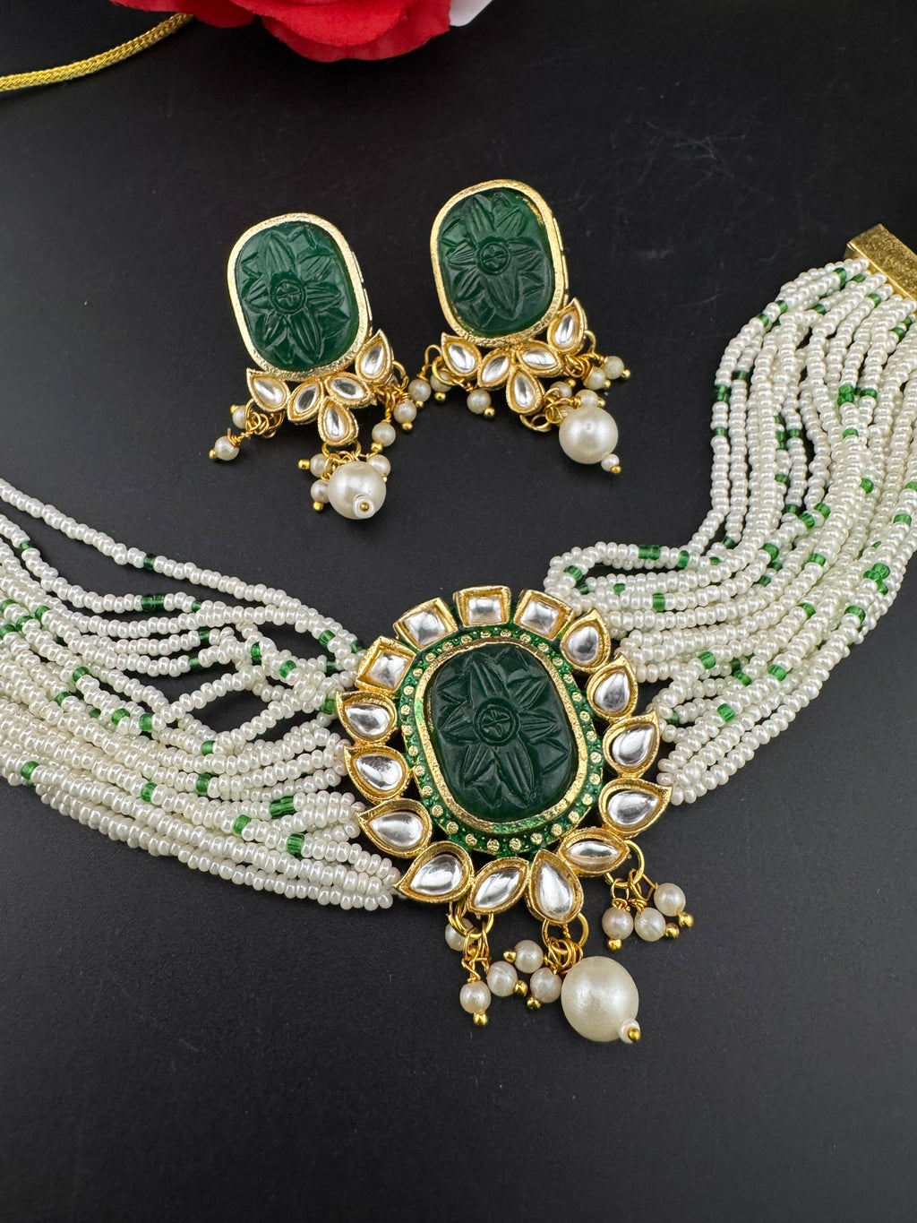 Carved stone and Kundan in small pearls mala Choker Necklace set with studs earrings