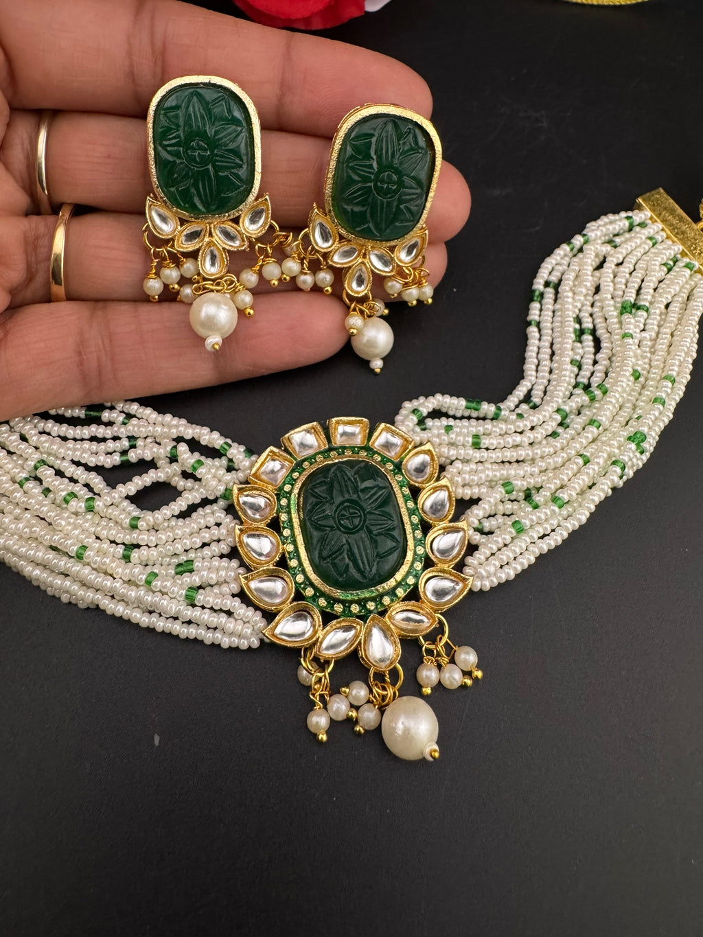Carved stone and Kundan in small pearls mala Choker Necklace set with studs earrings