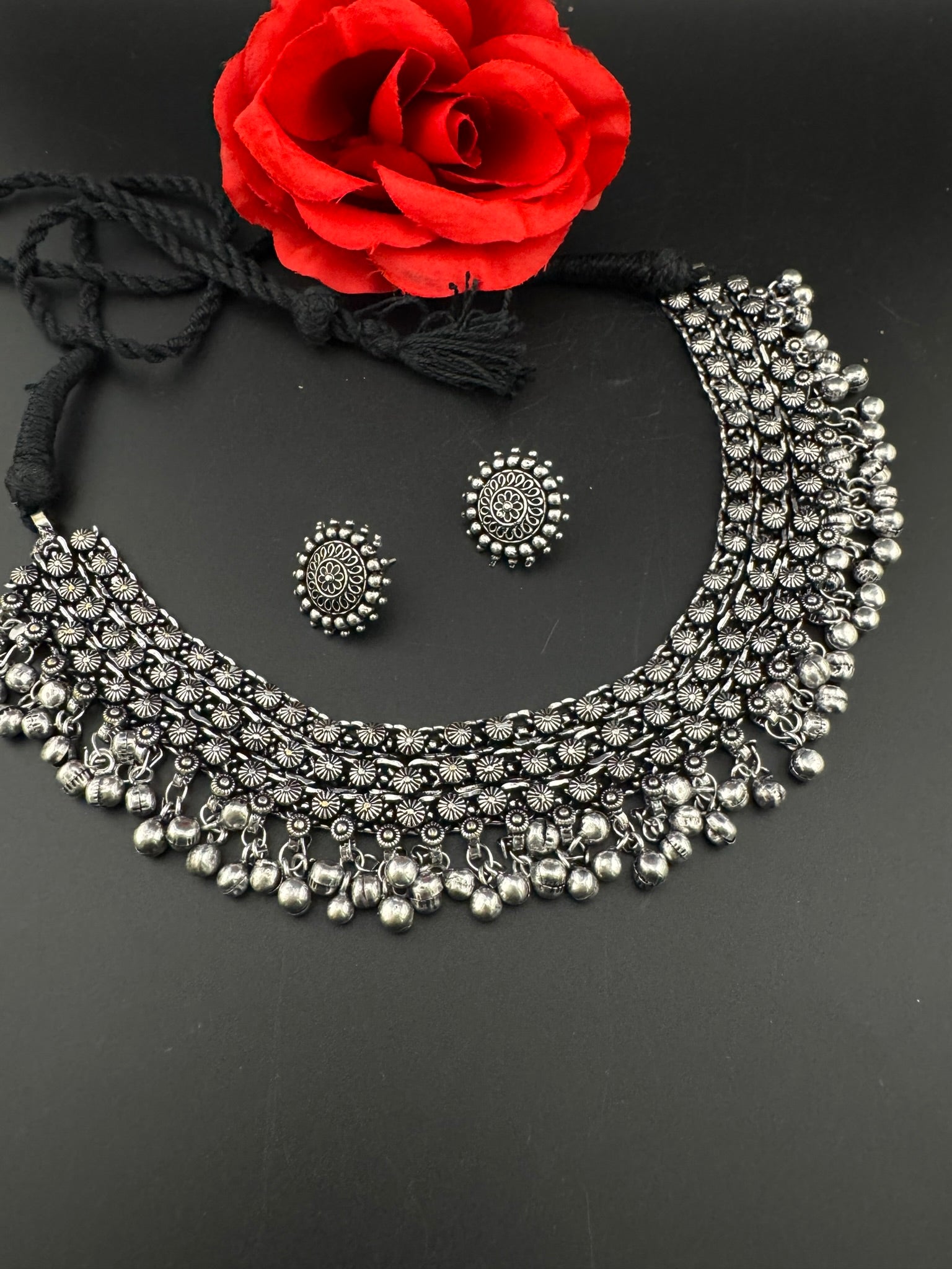 Premium Quality Oxidized silver polish German silver Antique looking with stud earrings and necklace set/Indian Necklace set/Garbha jewelry