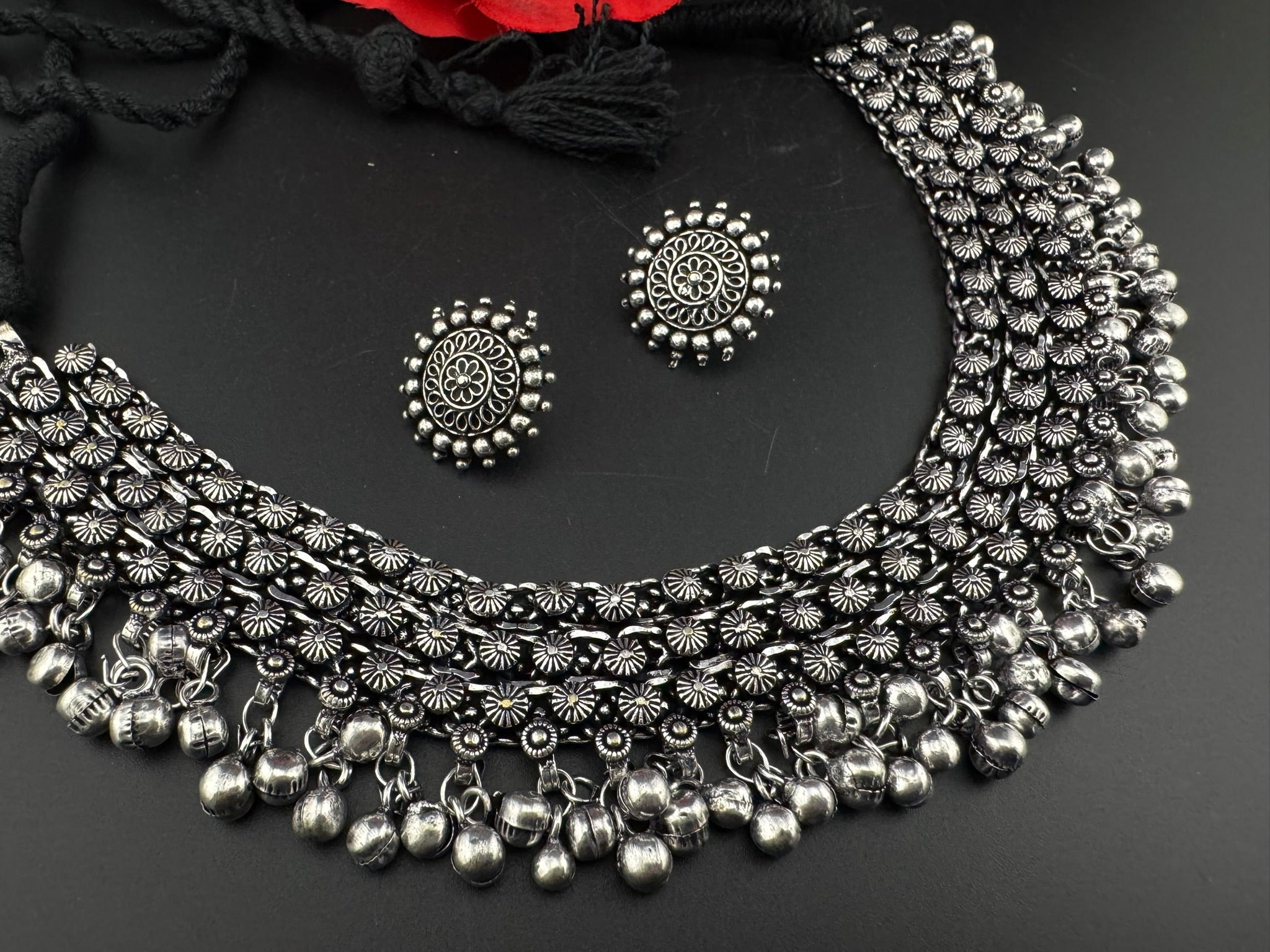 Premium Quality Oxidized silver polish German silver Antique looking with stud earrings and necklace set/Indian Necklace set/Garbha jewelry