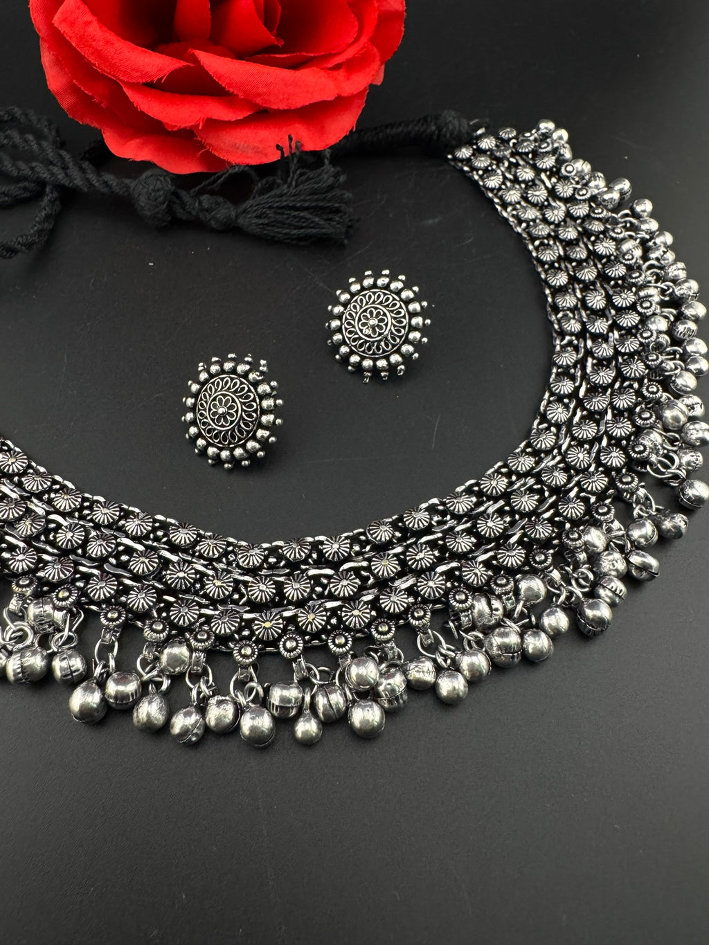 Premium Quality Oxidized silver polish German silver Antique looking with stud earrings and necklace set/Indian Necklace set/Garbha jewelry