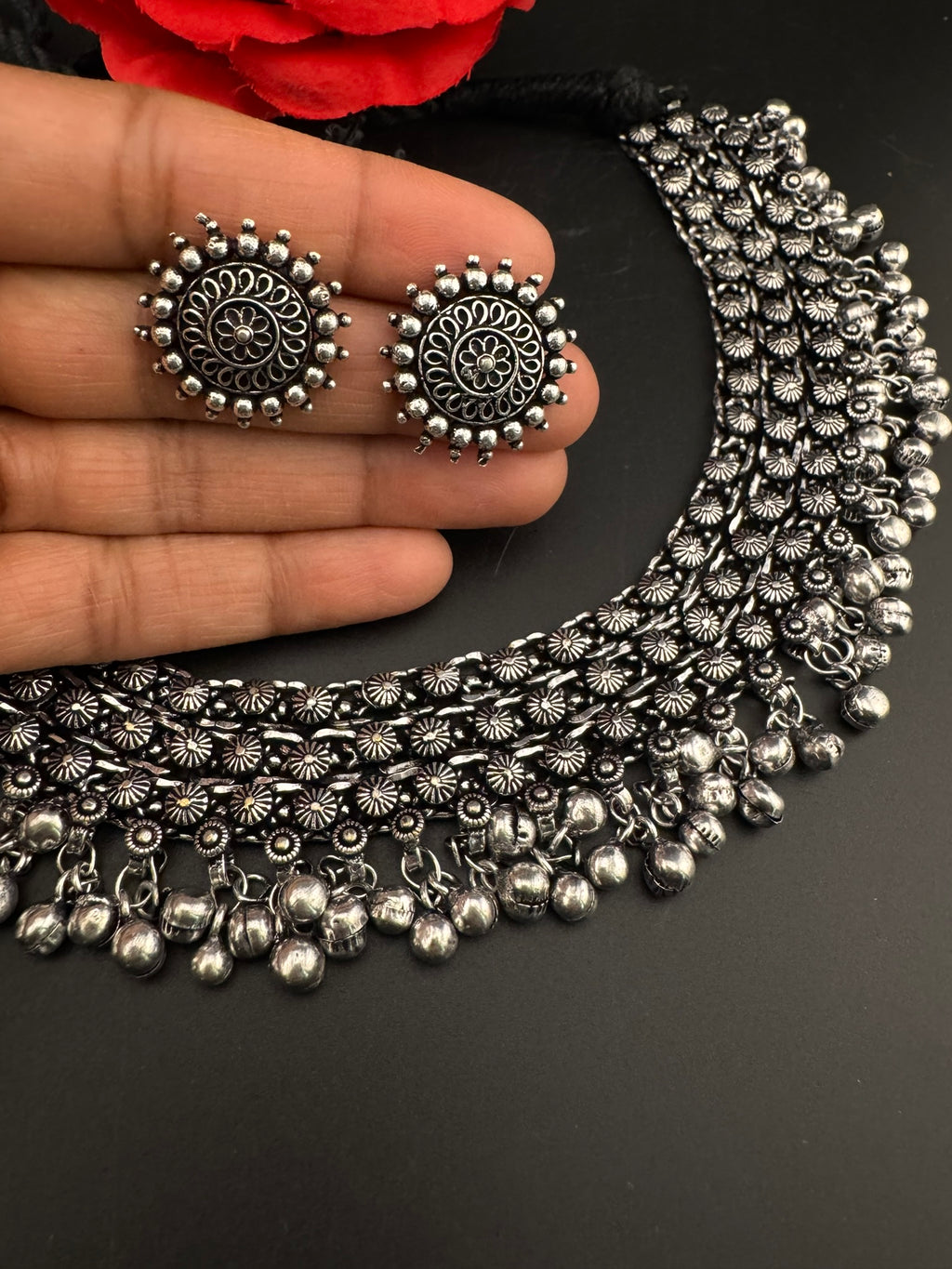 Premium Quality Oxidized silver polish German silver Antique looking with stud earrings and necklace set/Indian Necklace set/Garbha jewelry