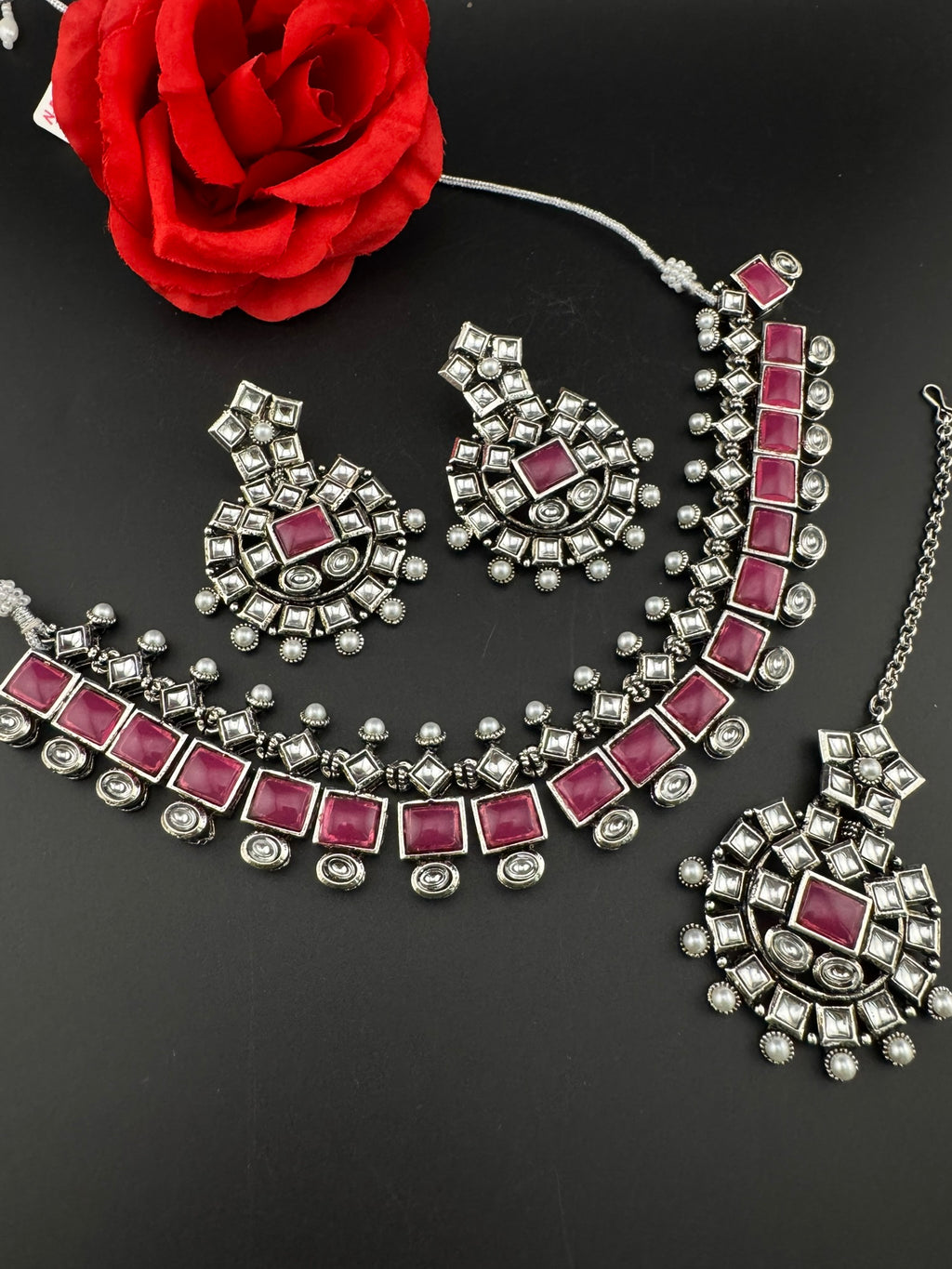 Premium Quality Oxidized silver polish German silver Antique looking, stones, pearls with chandbali earrings and tikka necklace set