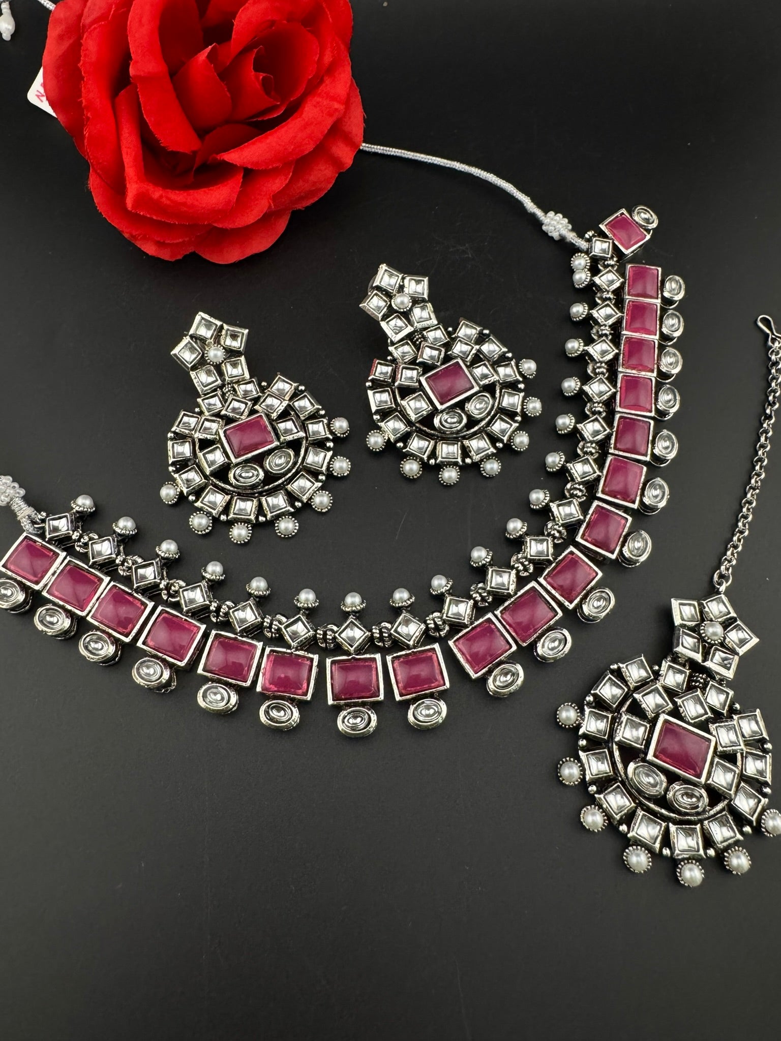 Premium Quality Oxidized silver polish German silver Antique looking, stones, pearls with chandbali earrings and tikka necklace set