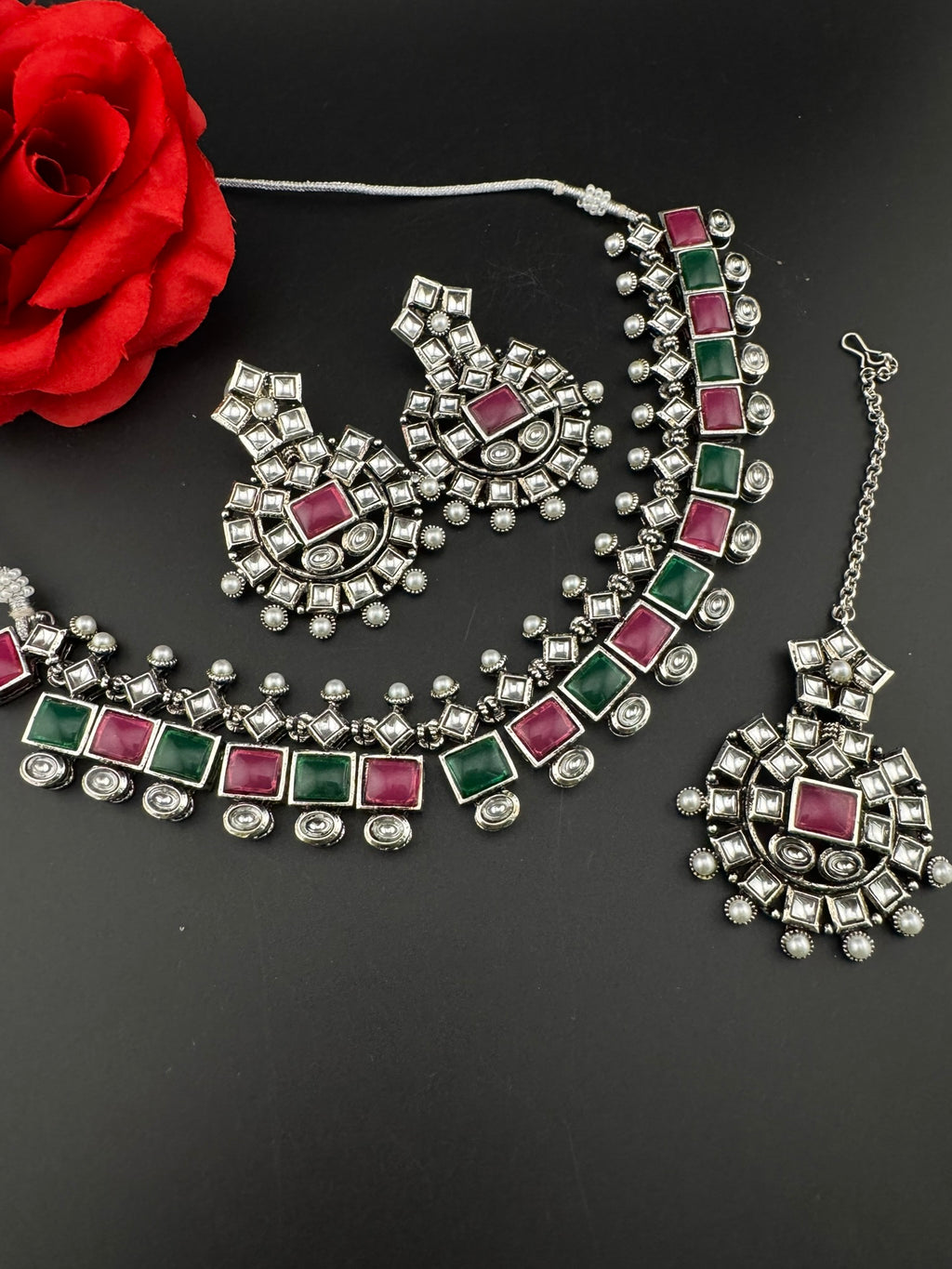 Premium Quality Oxidized silver polish German silver Antique looking, stones, pearls with chandbali earrings and tikka necklace set