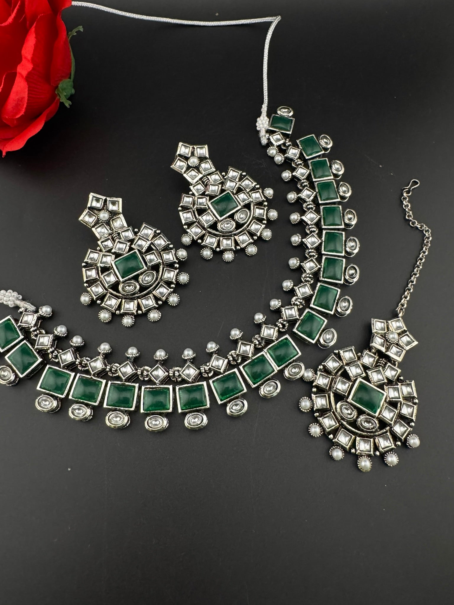 Premium Quality Oxidized silver polish German silver Antique looking, stones, pearls with chandbali earrings and tikka necklace set