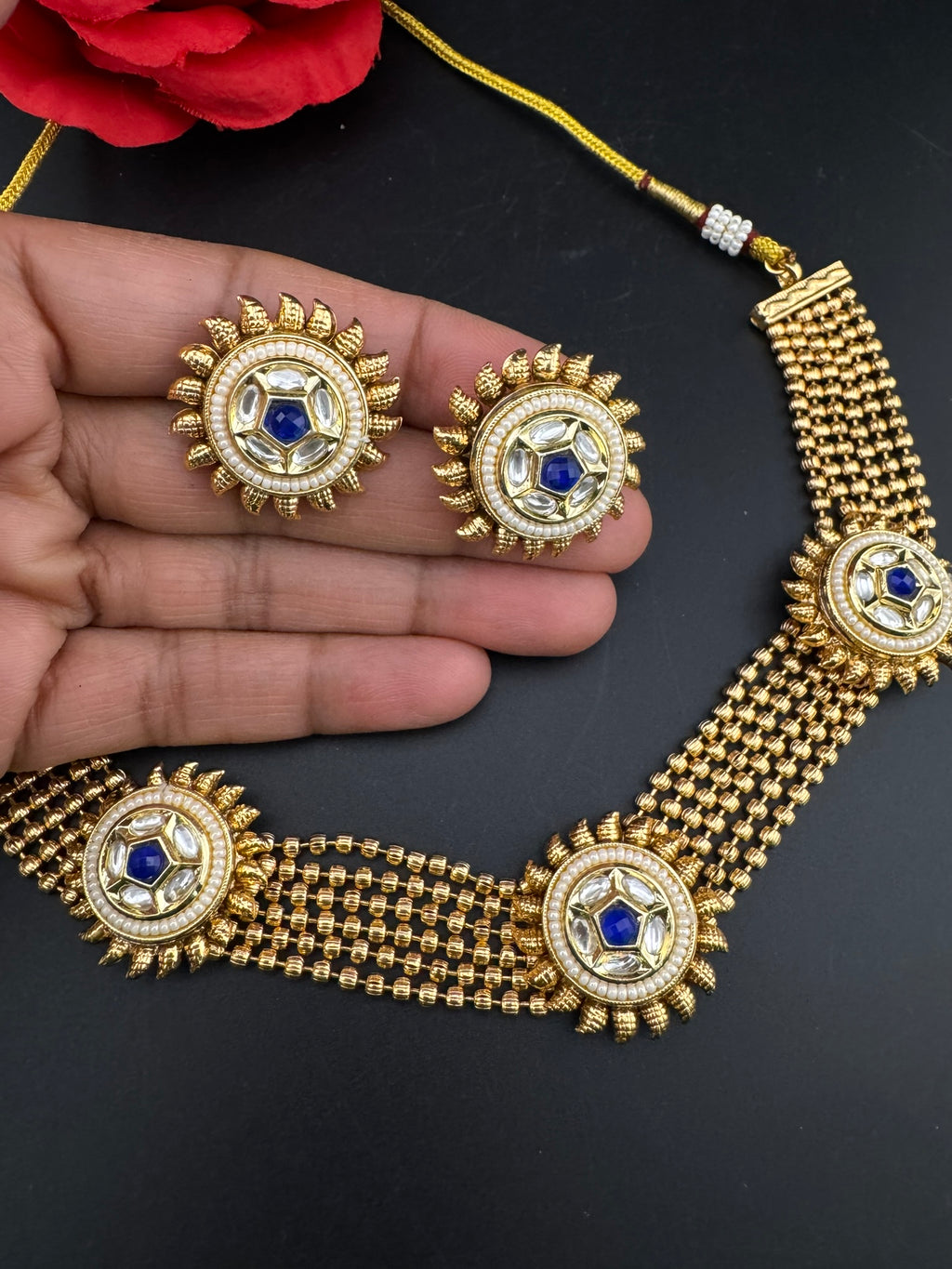 Premium Quality Gold beads chain, Tyaani kundan, stones collar Necklace with studs earrings/gold-plated necklace set/Traditional Indian set