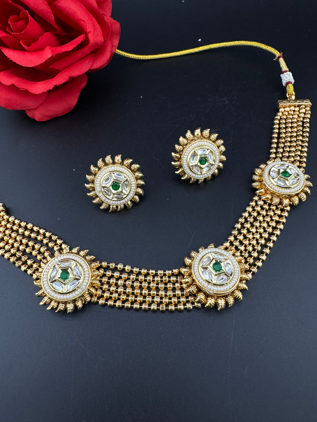 Premium Quality Gold beads chain, Tyaani kundan, stones collar Necklace with studs earrings/gold-plated necklace set/Traditional Indian set