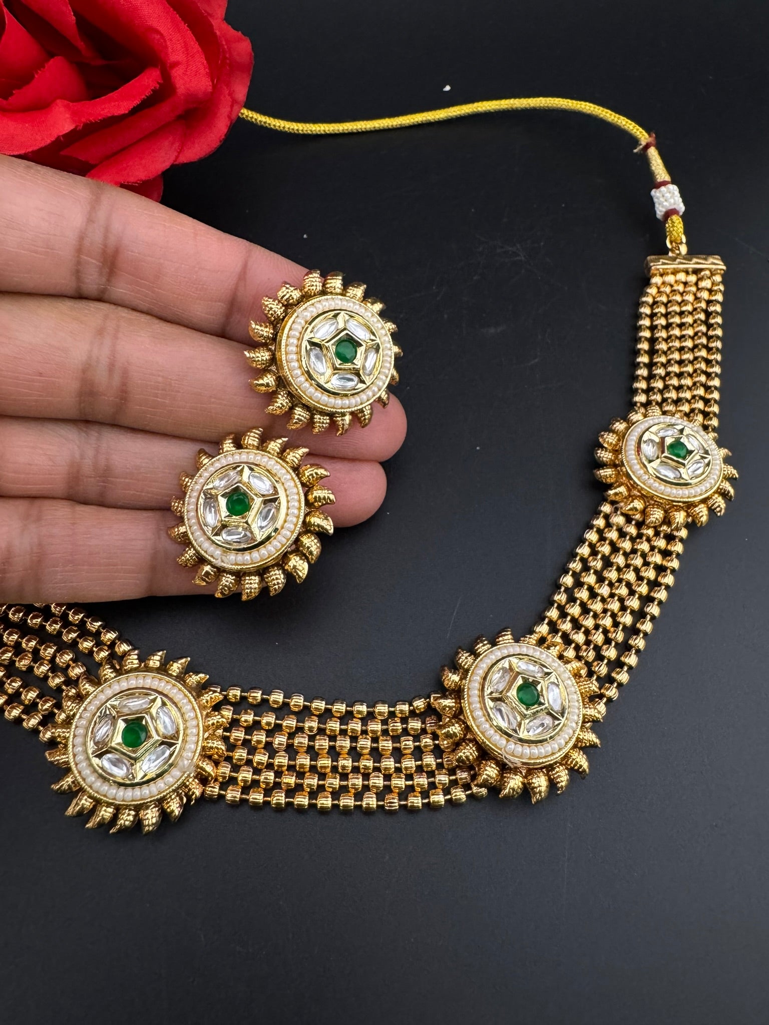 Premium Quality Gold beads chain, Tyaani kundan, stones collar Necklace with studs earrings/gold-plated necklace set/Traditional Indian set