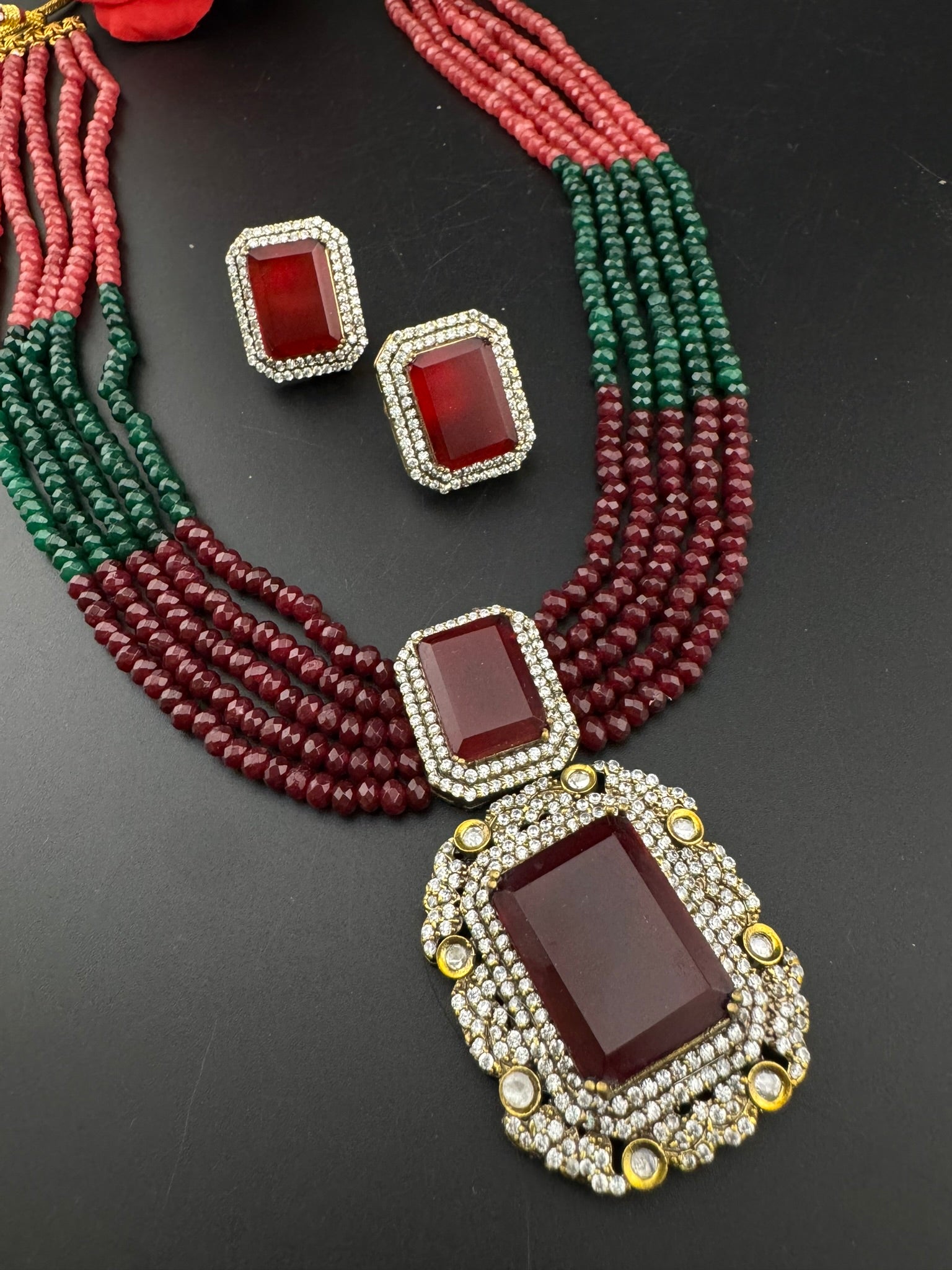 Premium Quality fusion necklace with CZ Pendant, natural stones, onyx beads Long Necklace set/Rani Haar/Indian jewelry/bridal necklace set