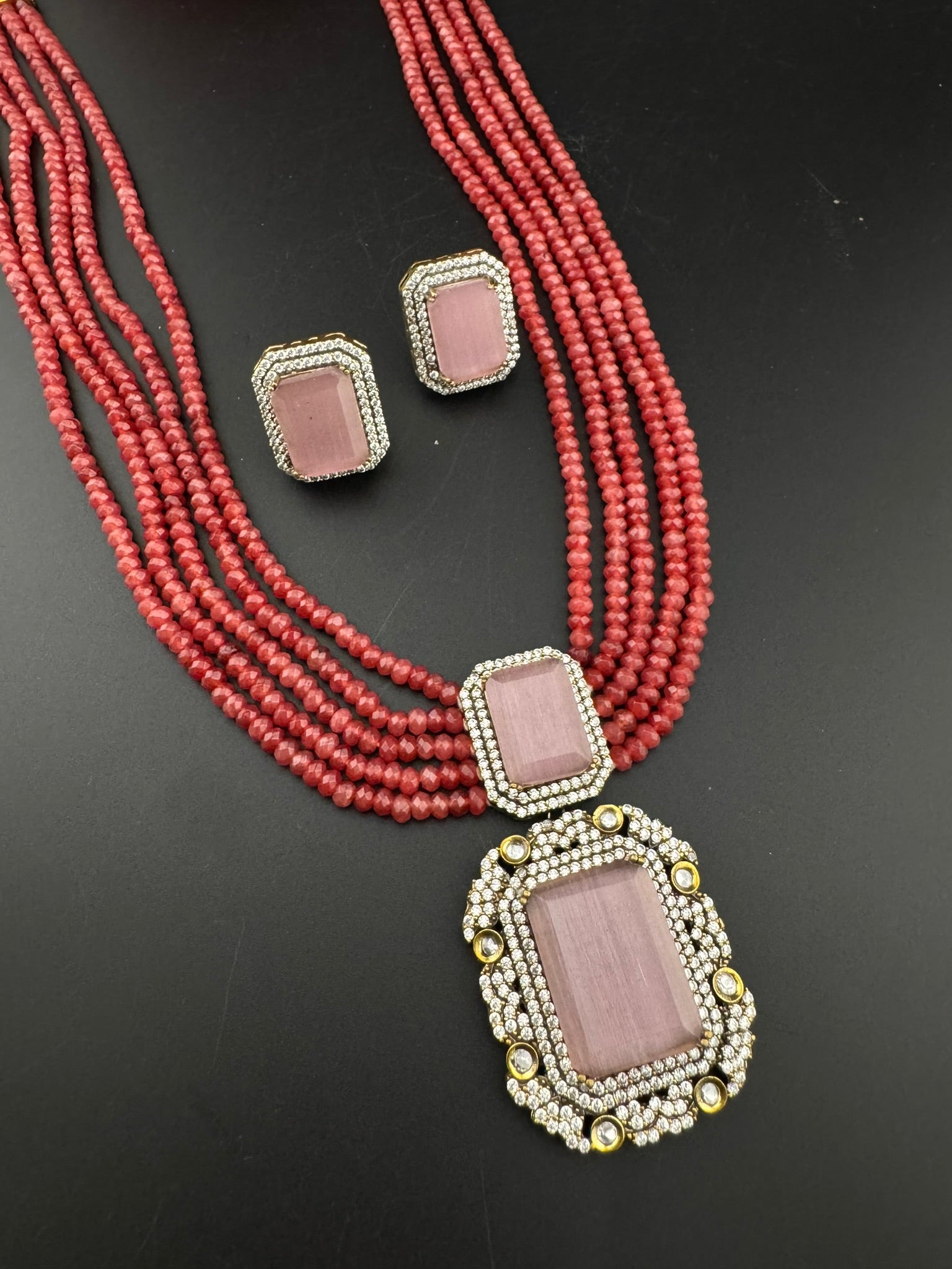 Premium Quality fusion necklace with CZ Pendant, natural stones, onyx beads Long Necklace set/Rani Haar/Indian jewelry/bridal necklace set