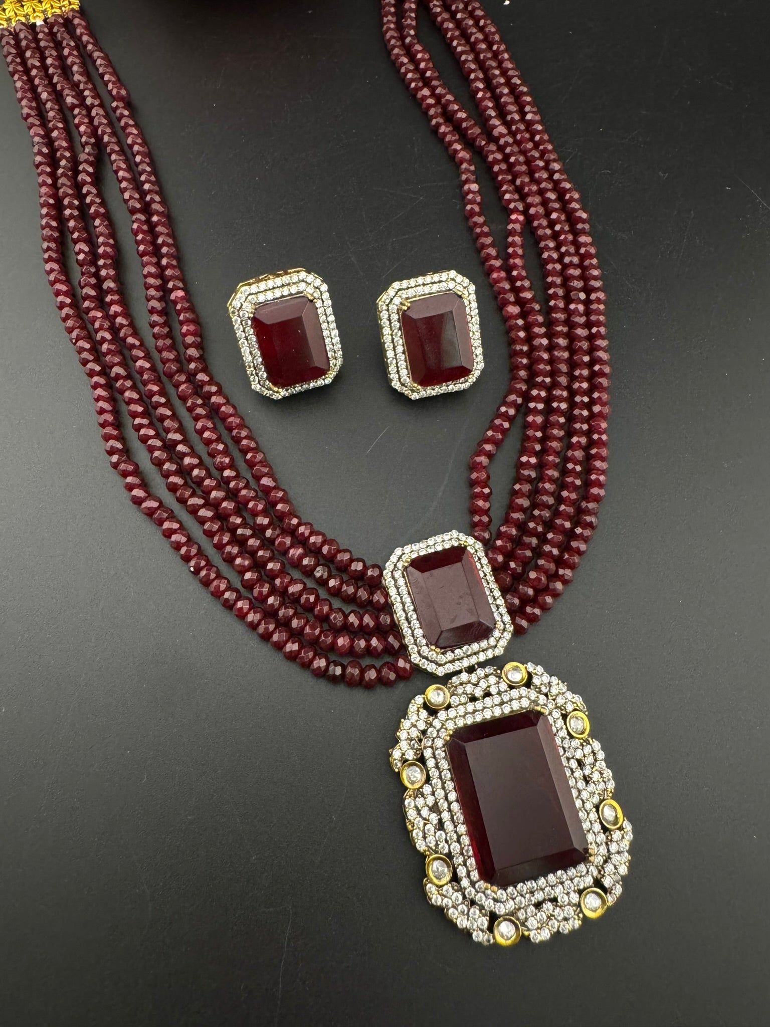 Premium Quality fusion necklace with CZ Pendant, natural stones, onyx beads Long Necklace set/Rani Haar/Indian jewelry/bridal necklace set