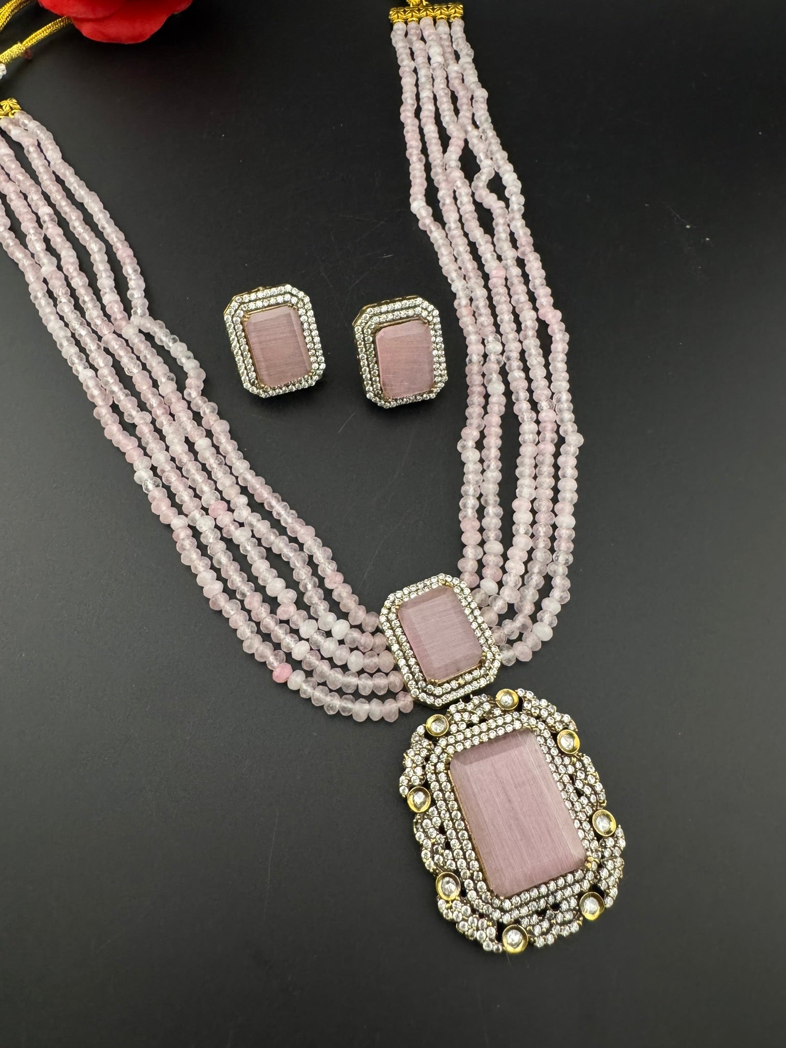 Premium Quality fusion necklace with CZ Pendant, natural stones, onyx beads Long Necklace set/Rani Haar/Indian jewelry/bridal necklace set