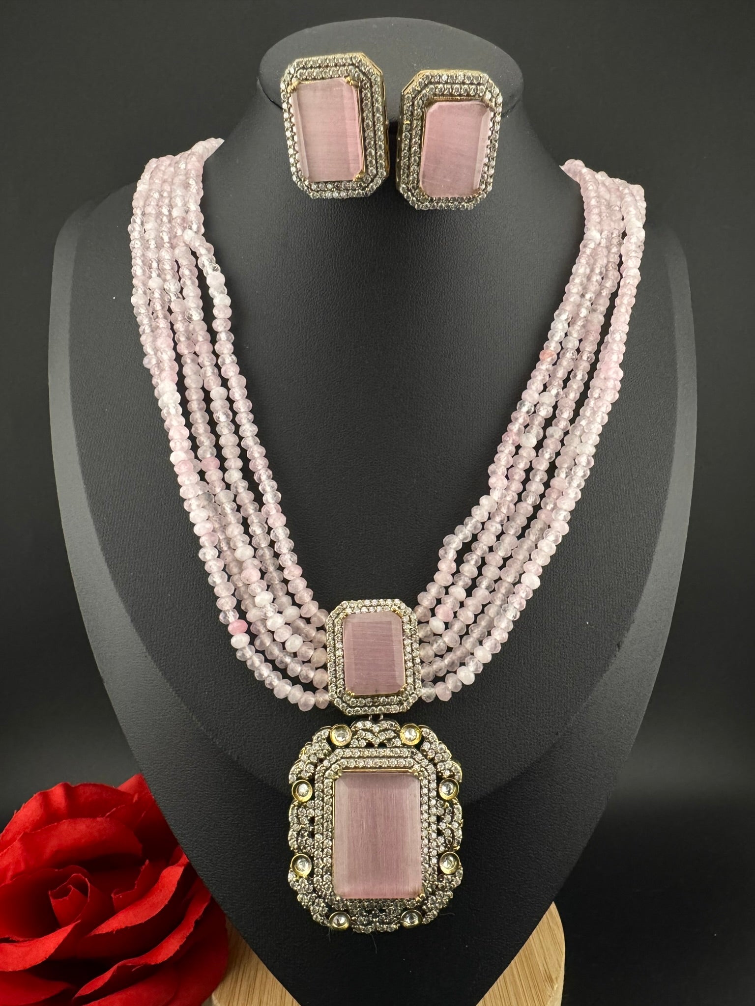 Premium Quality fusion necklace with CZ Pendant, natural stones, onyx beads Long Necklace set/Rani Haar/Indian jewelry/bridal necklace set